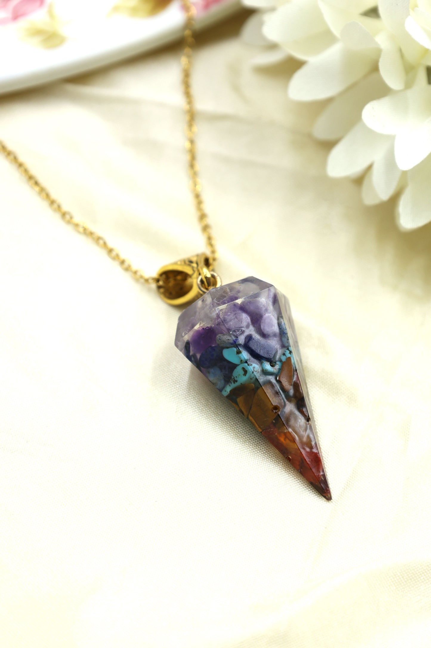 Layered Crystal Resin Pendant Necklace
