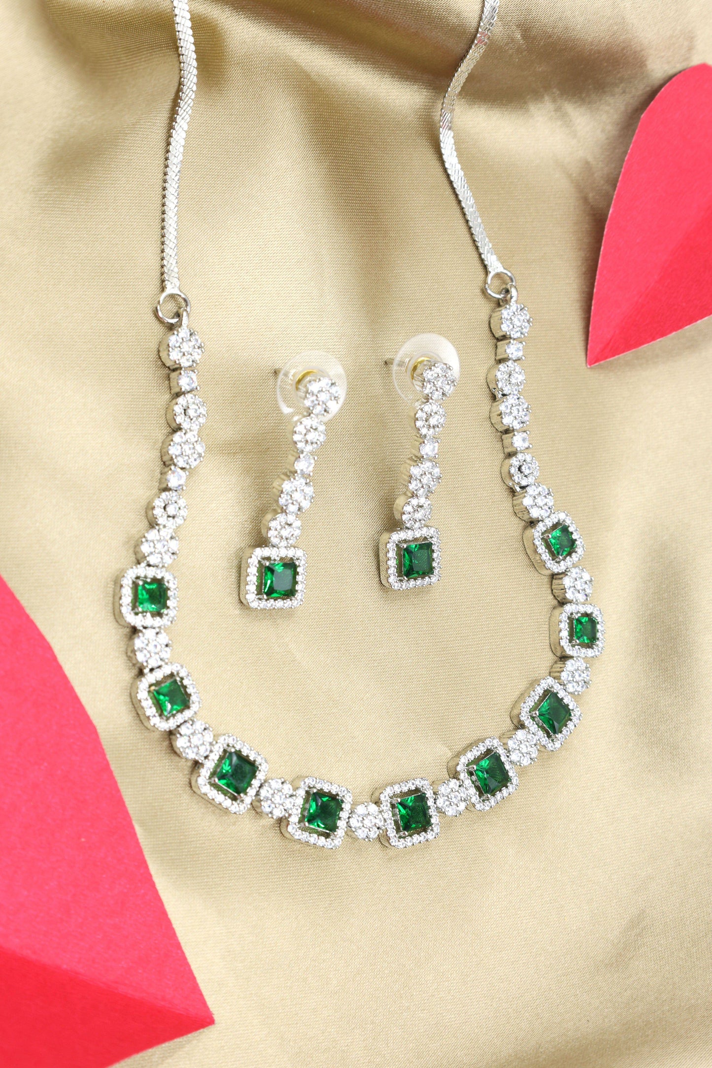 MyWishTree Rectangle and Flower American Diamond Necklace Set - Mywishtree
