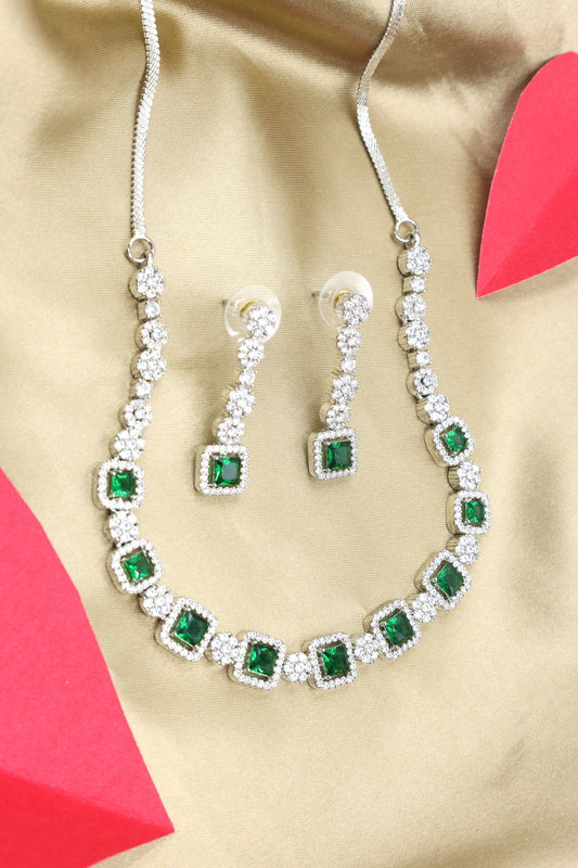 MyWishTree Rectangle and Flower American Diamond Necklace Set - Mywishtree