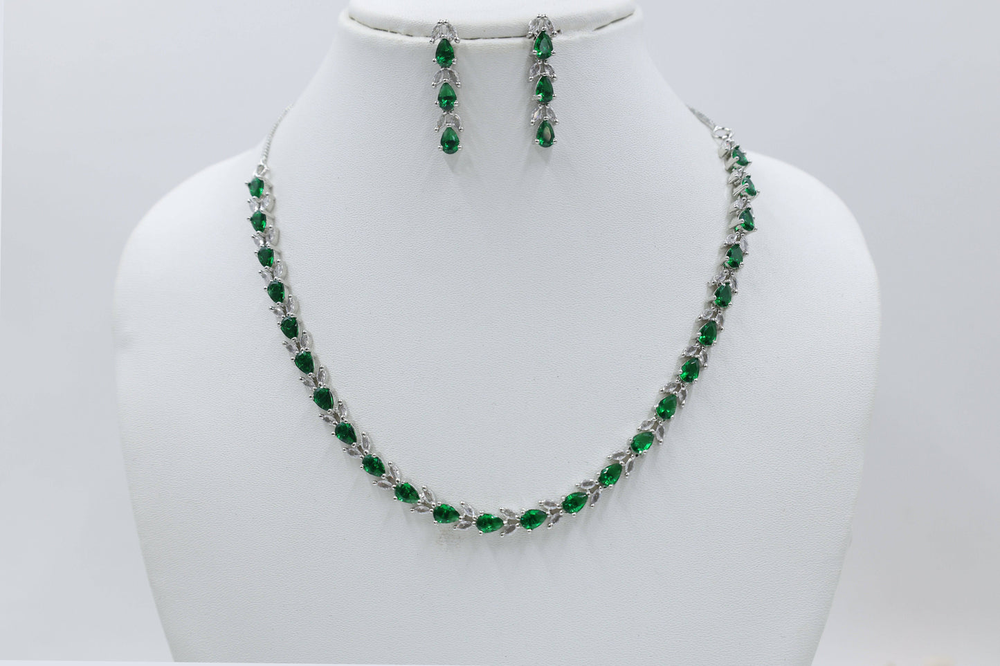American-Diamond-CZ-Classic-Necklace-With-Tone-Plating-Green, Jewellery, American Diamond, mywishtree, mywishtreestore, Necklace, Rubans, Myntra jewellery, amazon, wedding jewellery
AD American diamond and cubic zirconia necklace with earrings for women's and girls