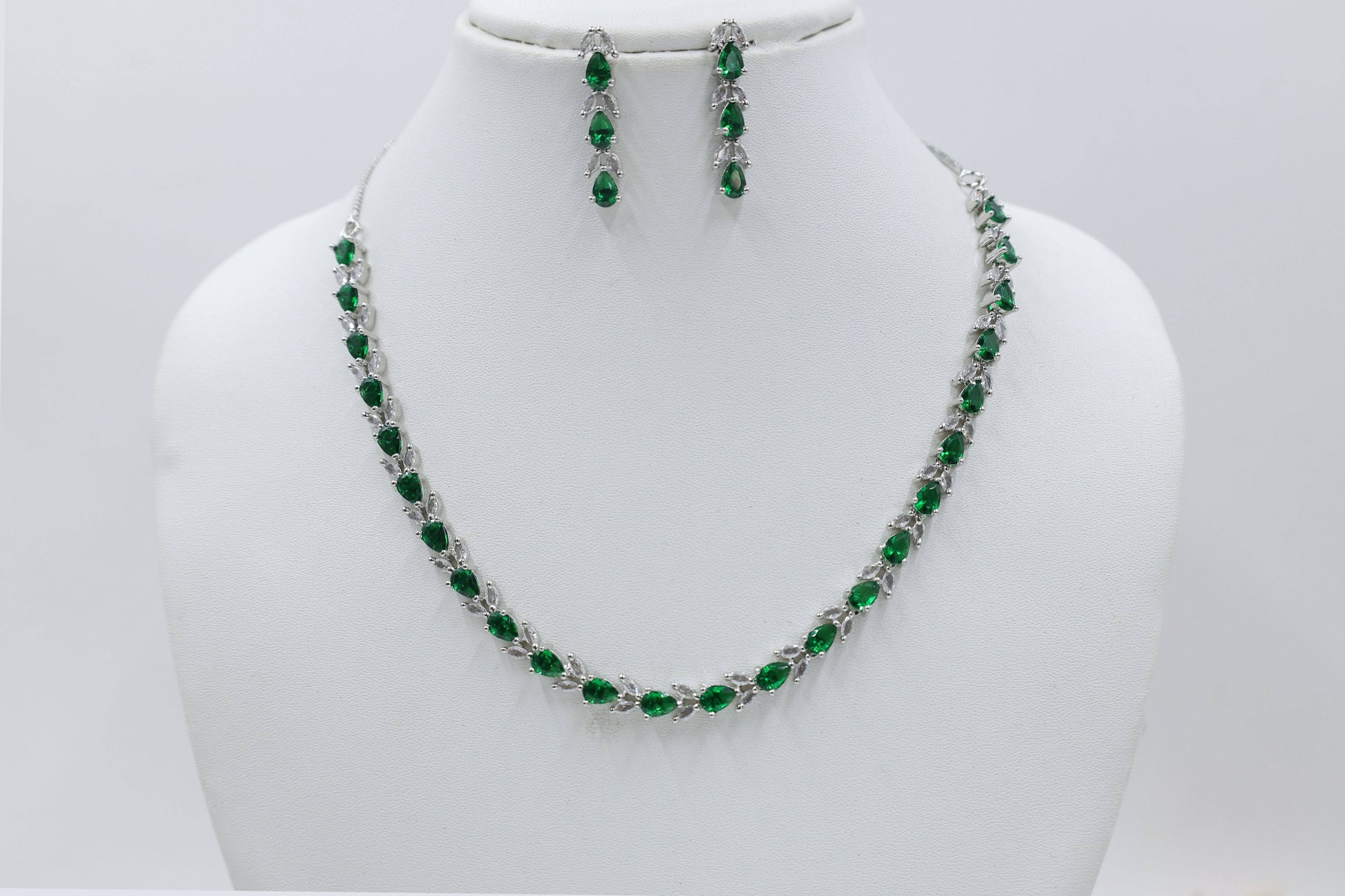 American-Diamond-CZ-Classic-Necklace-With-Tone-Plating-Green, Jewellery, American Diamond, mywishtree, mywishtreestore, Necklace, Rubans, Myntra jewellery, amazon, wedding jewellery
AD American diamond and cubic zirconia necklace with earrings for women's and girls