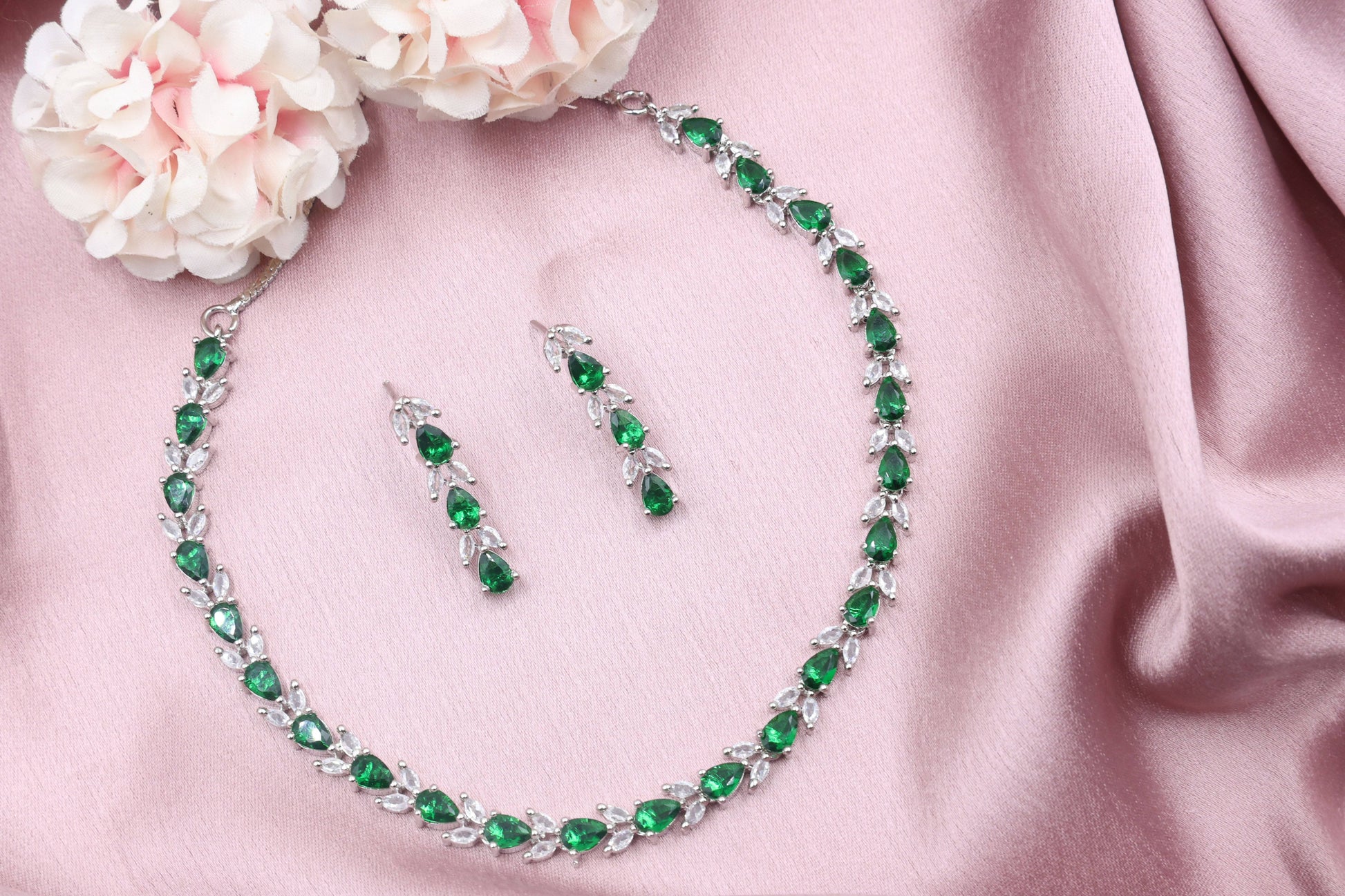 American-Diamond-CZ-Classic-Necklace-With-Tone-Plating-Green, Jewellery, jewelry, Trend, AD American diamond and cubic zirconia necklace with earrings for womens and girls