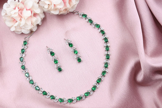 American-Diamond-CZ-Classic-Necklace-With-Tone-Plating-Green, Jewellery, jewelry, Trend, AD American diamond and cubic zirconia necklace with earrings for womens and girls