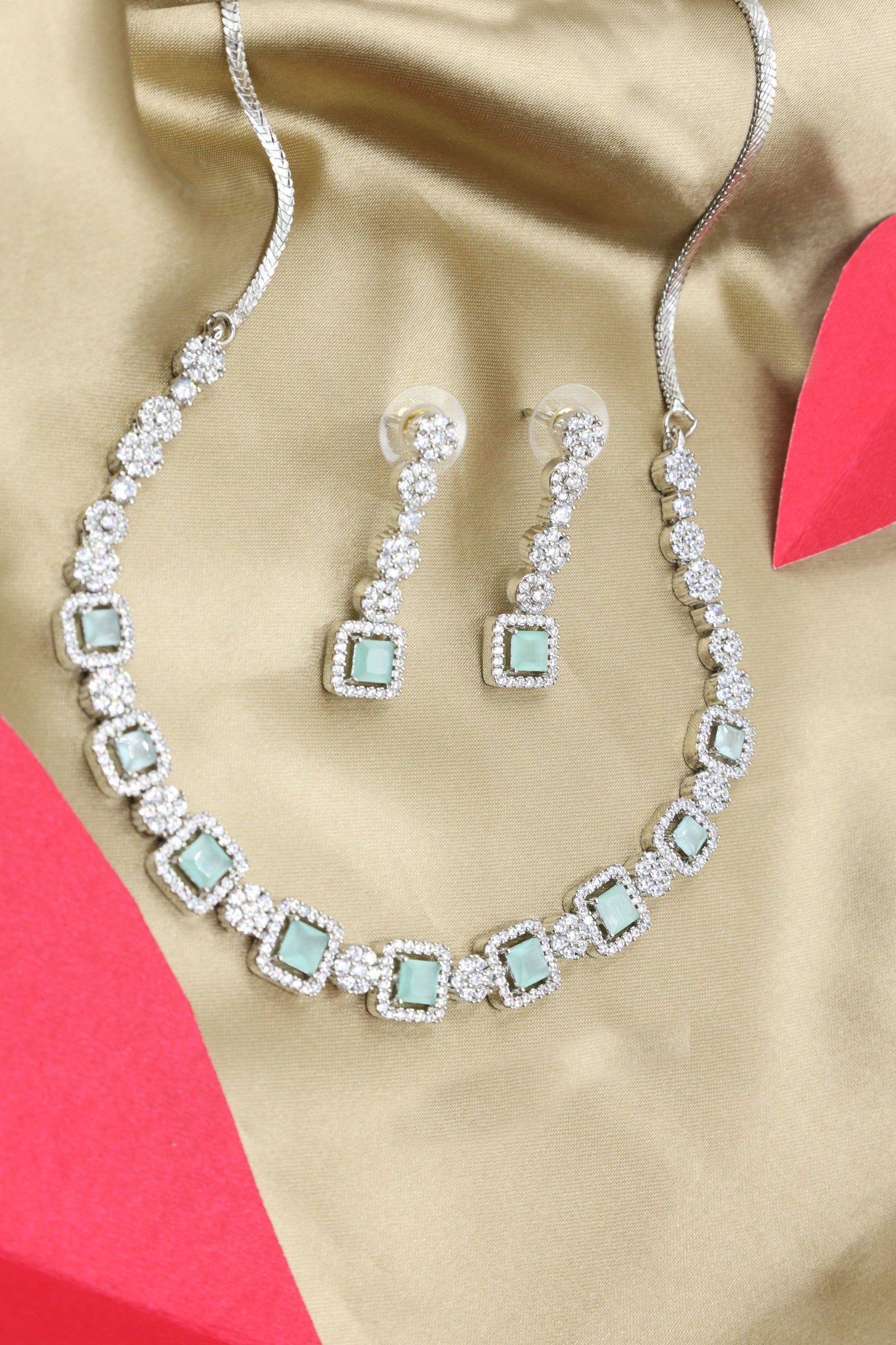 MyWishTree Rectangle and Flower American Diamond Necklace Set - Mywishtree