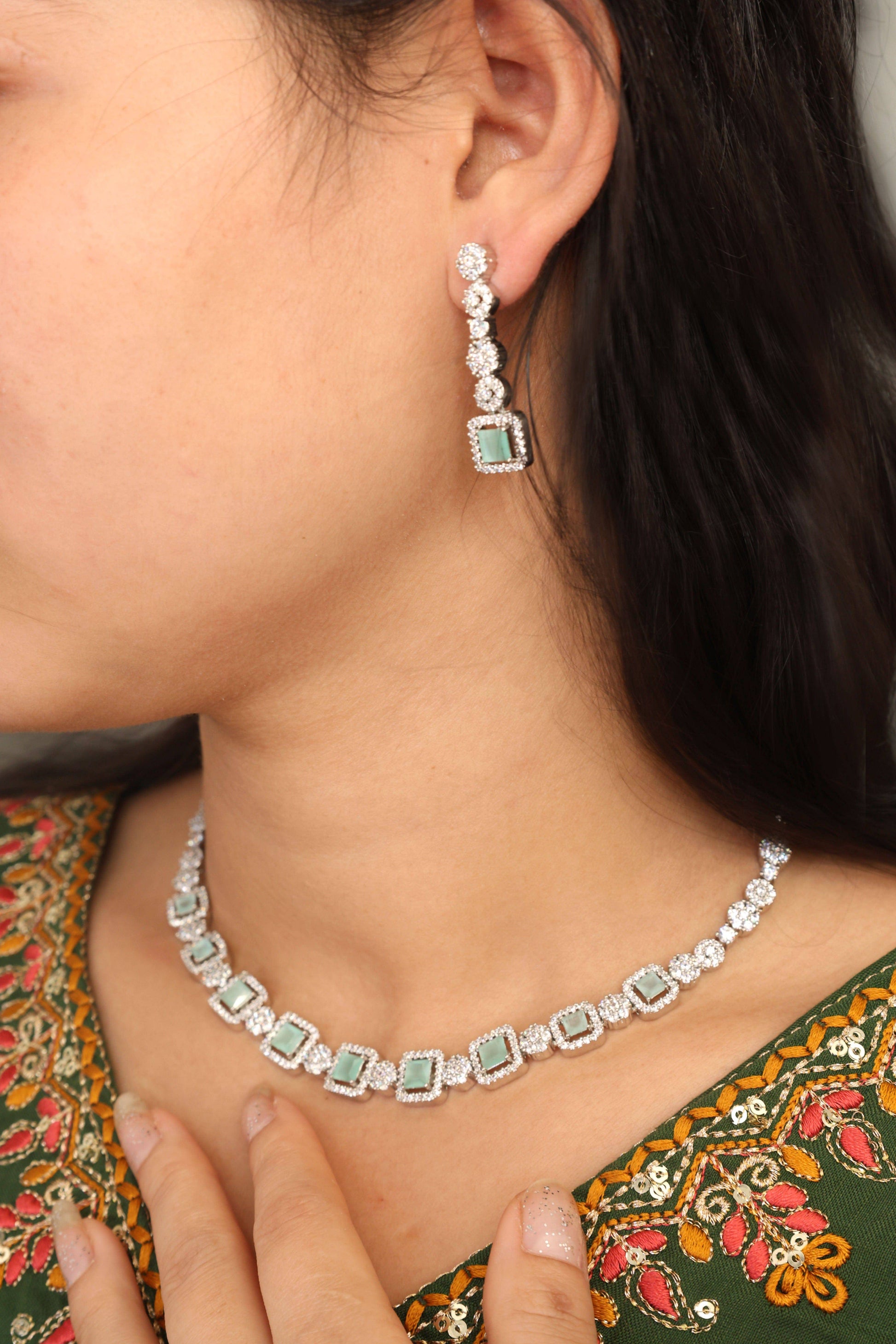 MyWishTree Rectangle and Flower American Diamond Necklace Set - Mywishtree