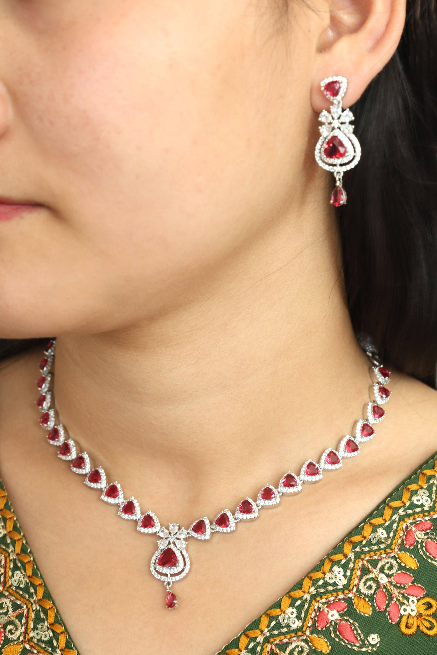 MywishTree Ruby American Diamond Necklace Set - Mywishtree