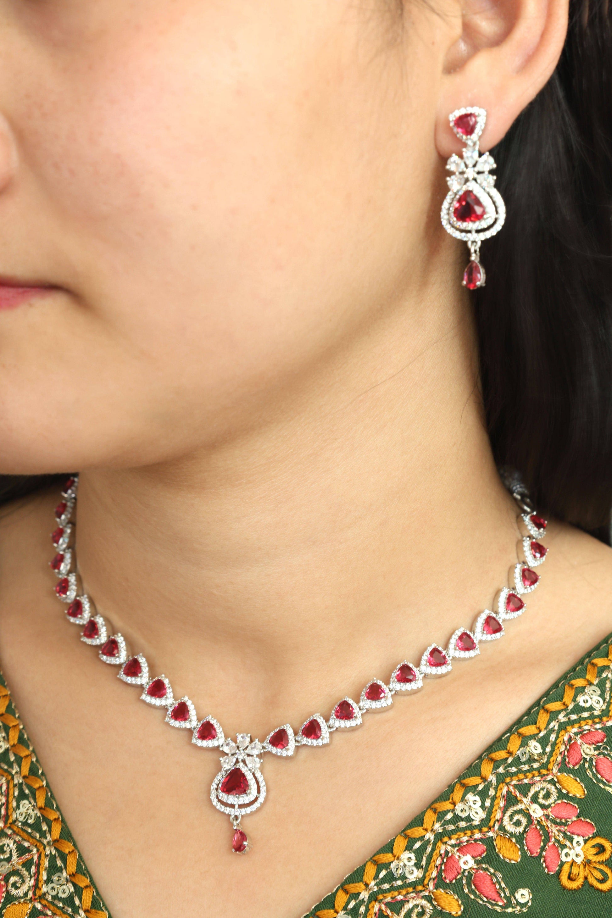 MywishTree Ruby American Diamond Necklace Set - Mywishtree
