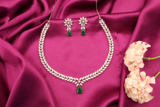 MywishTree American Diamond CZ Classic Necklace Set with Green Stone & Silver Tone Plating - Mywishtree
