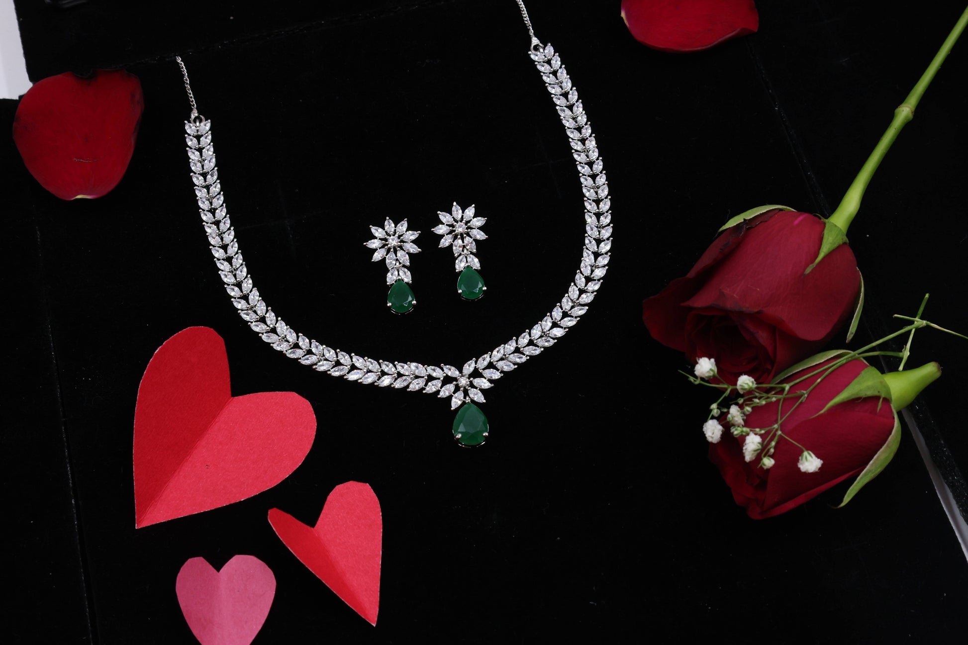 MywishTree American Diamond CZ Classic Necklace Set with Green Stone & Silver Tone Plating - Mywishtree