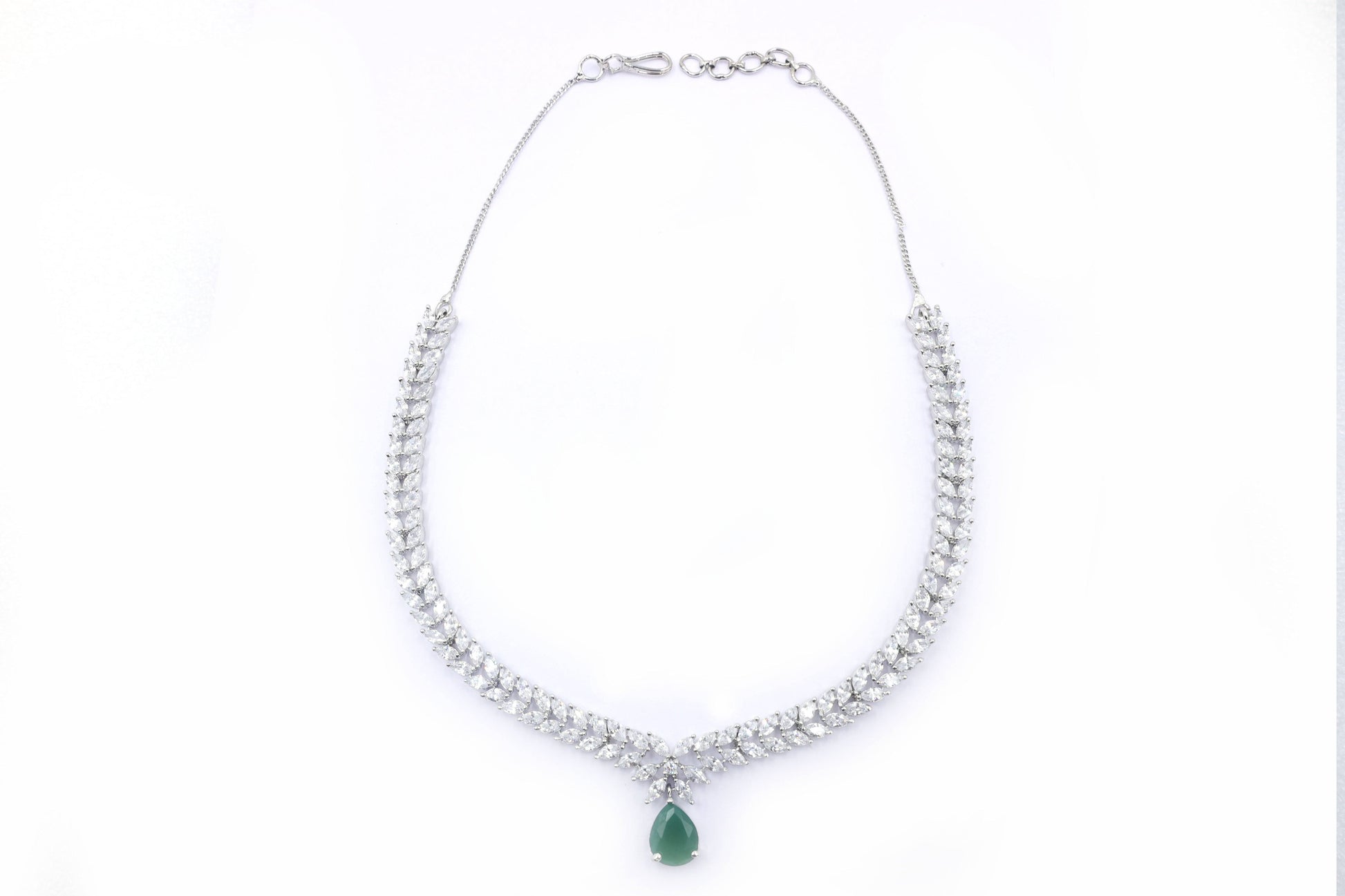 MywishTree American Diamond CZ Classic Necklace Set with Green Stone & Silver Tone Plating - Mywishtree
