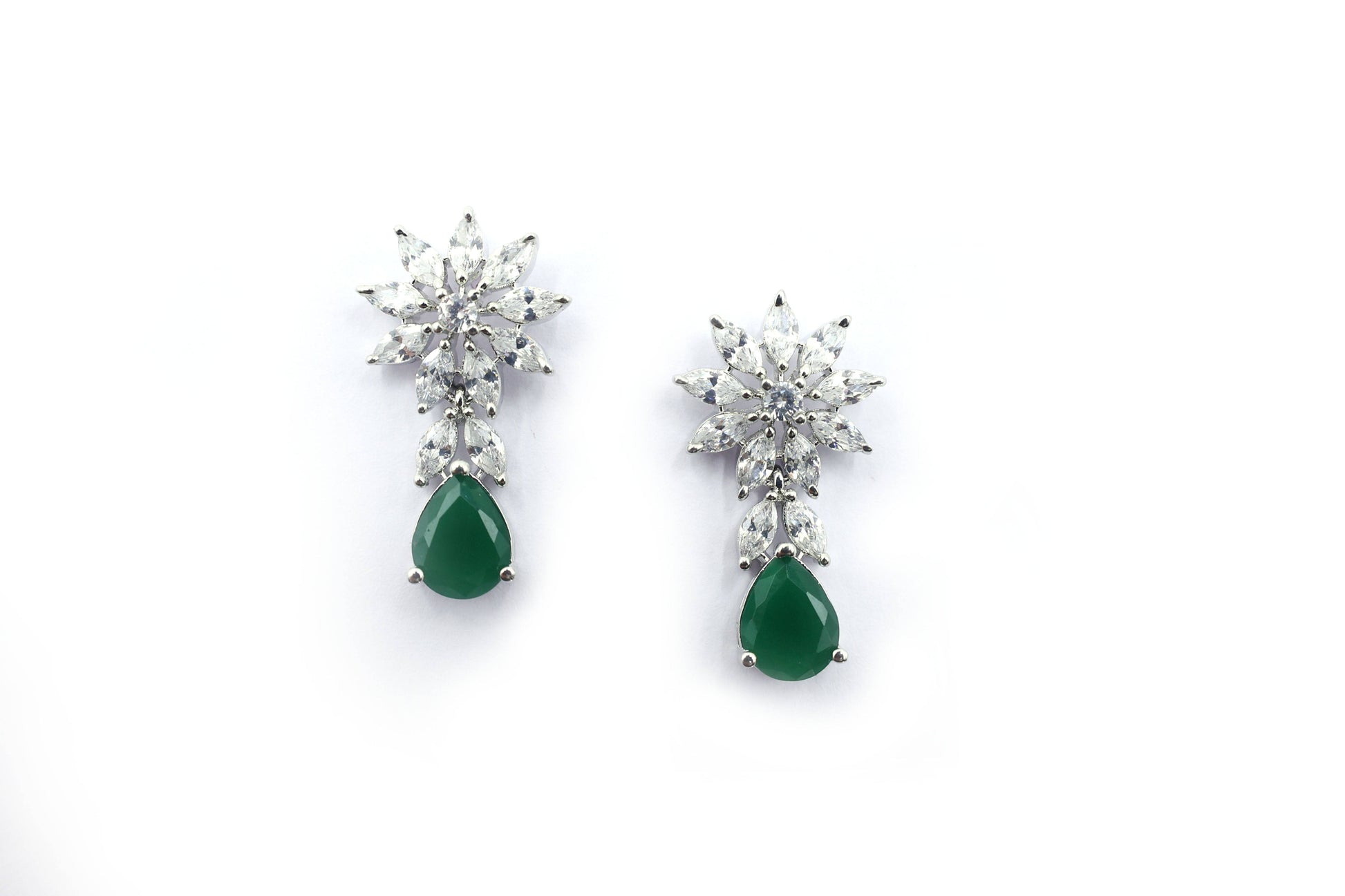 MywishTree American Diamond CZ Classic Necklace Set with Green Stone & Silver Tone Plating - Mywishtree