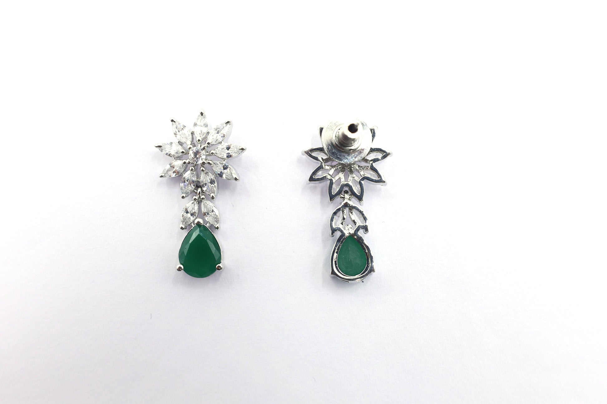 MywishTree American Diamond CZ Classic Necklace Set with Green Stone & Silver Tone Plating - Mywishtree