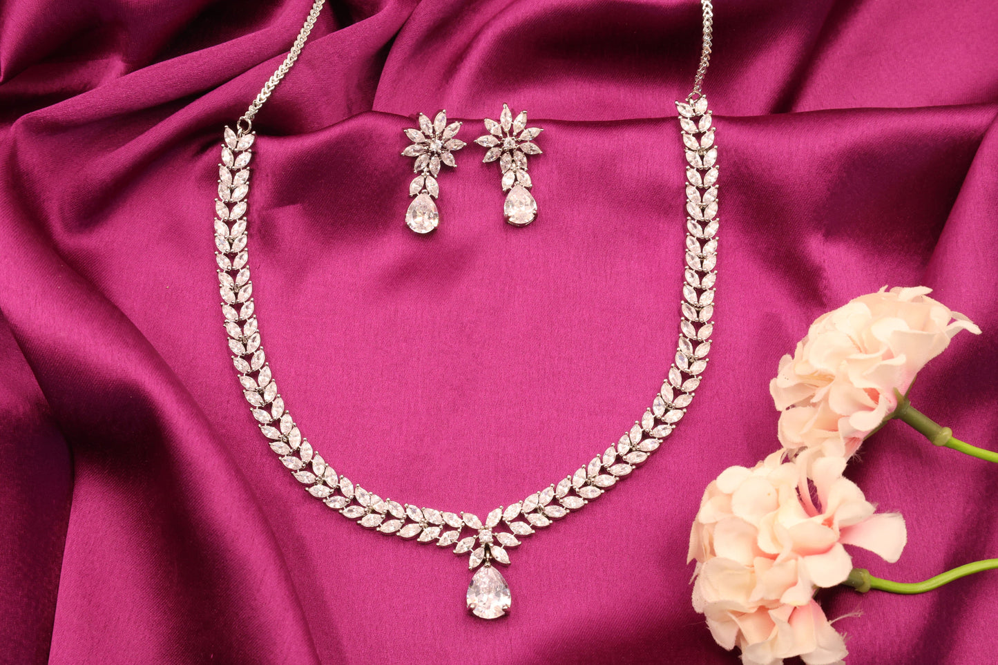 MywishTree American Diamond CZ Classic Necklace Set with Green Stone & Silver Tone Plating - Mywishtree
