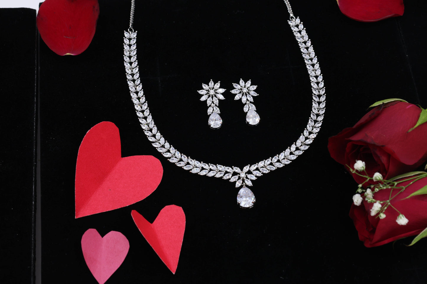 MywishTree American Diamond CZ Classic Necklace Set with Green Stone & Silver Tone Plating - Mywishtree