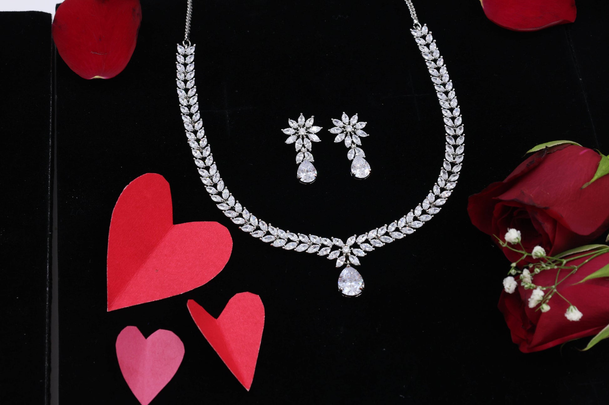 MywishTree American Diamond CZ Classic Necklace Set with Green Stone & Silver Tone Plating - Mywishtree