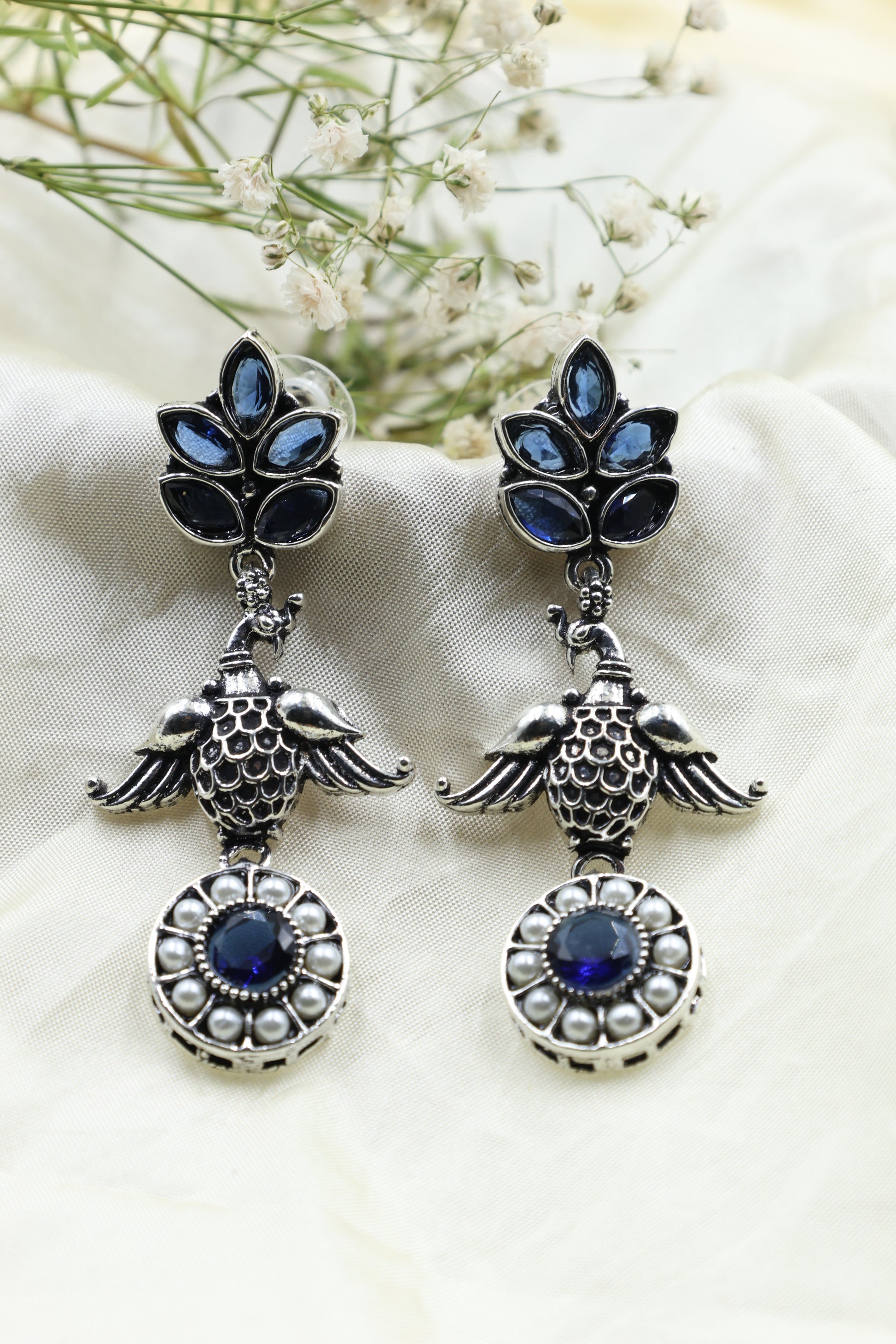 Oxidized Silver Peacock Drop Earrings - Mywishtree