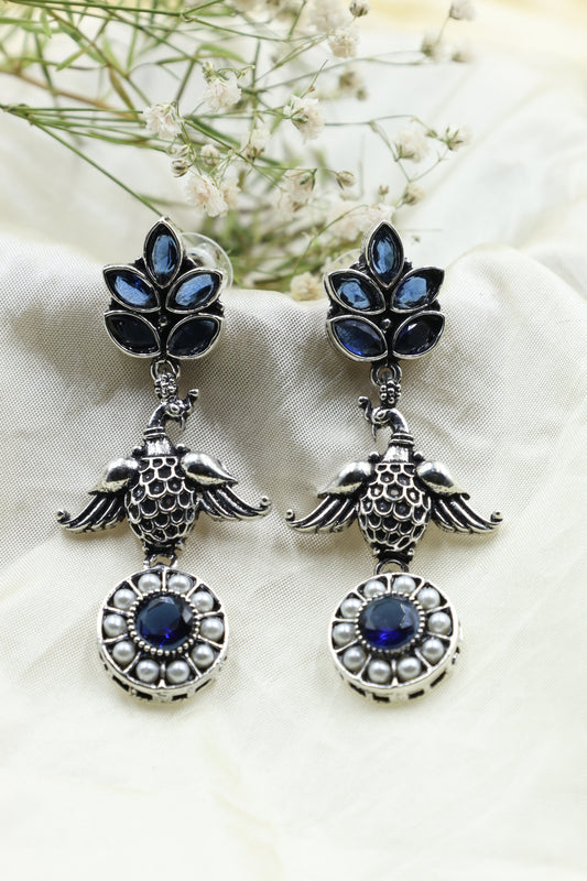 Oxidized Silver Peacock Drop Earrings - Mywishtree