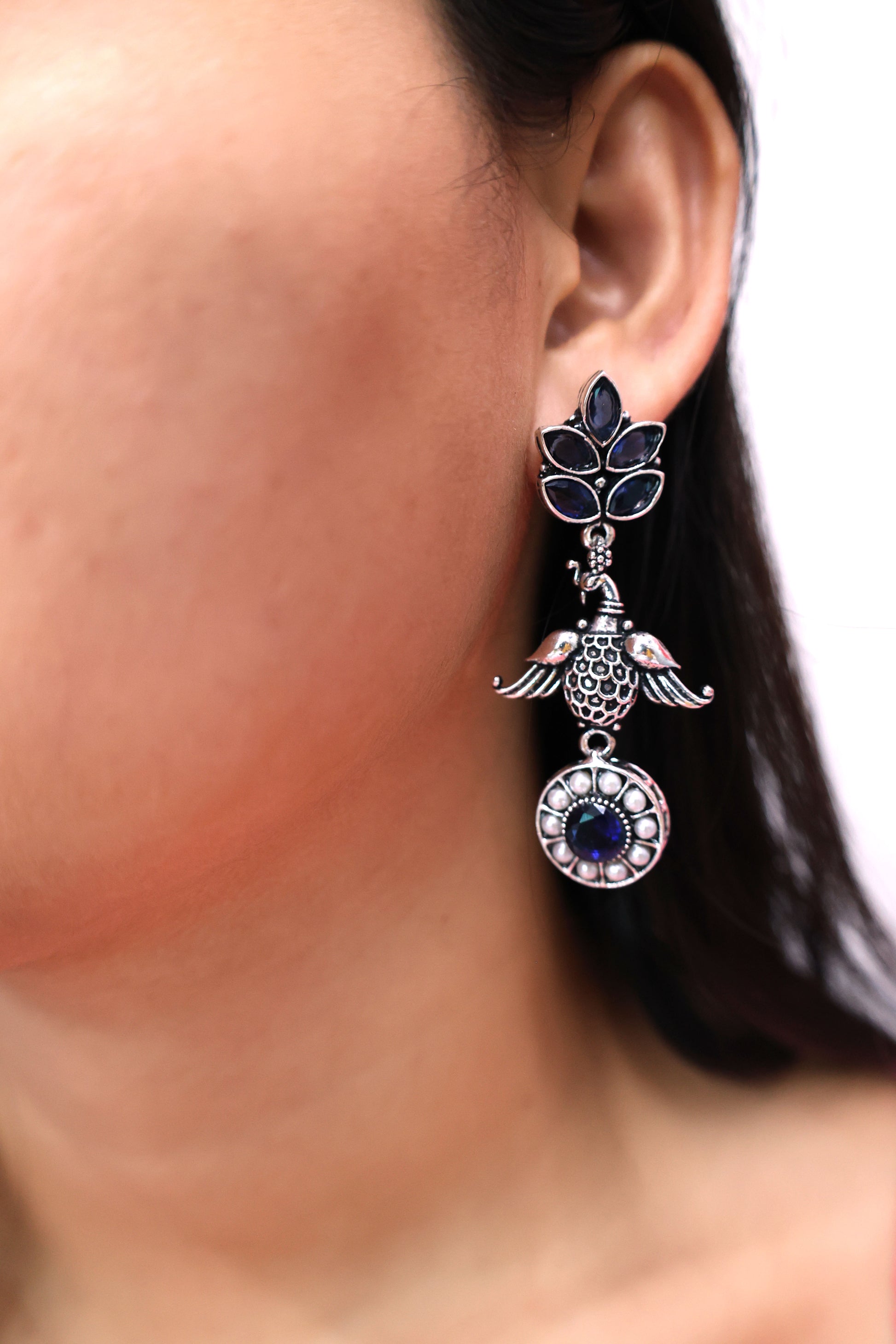 Oxidized Silver Peacock Drop Earrings - Mywishtree