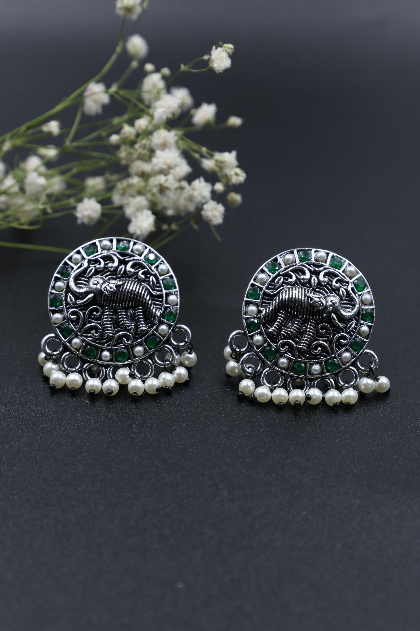 Royal Elephant Oxidized Silver Stud Earrings - Mywishtree, Stud Earrings, Elephant design, Cheap earrings, artificial earrings, Green earrings, "imitation jewellery"
"fashion jewellery online"
"jewellery for women"
"artificial jewellery"
"cheap jewellery online"