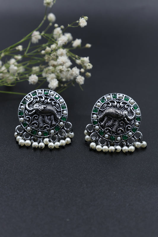 Royal Elephant Oxidized Silver Stud Earrings - Mywishtree, Stud Earrings, Elephant design, Cheap earrings, artificial earrings, Green earrings, "imitation jewellery"
"fashion jewellery online"
"jewellery for women"
"artificial jewellery"
"cheap jewellery online"