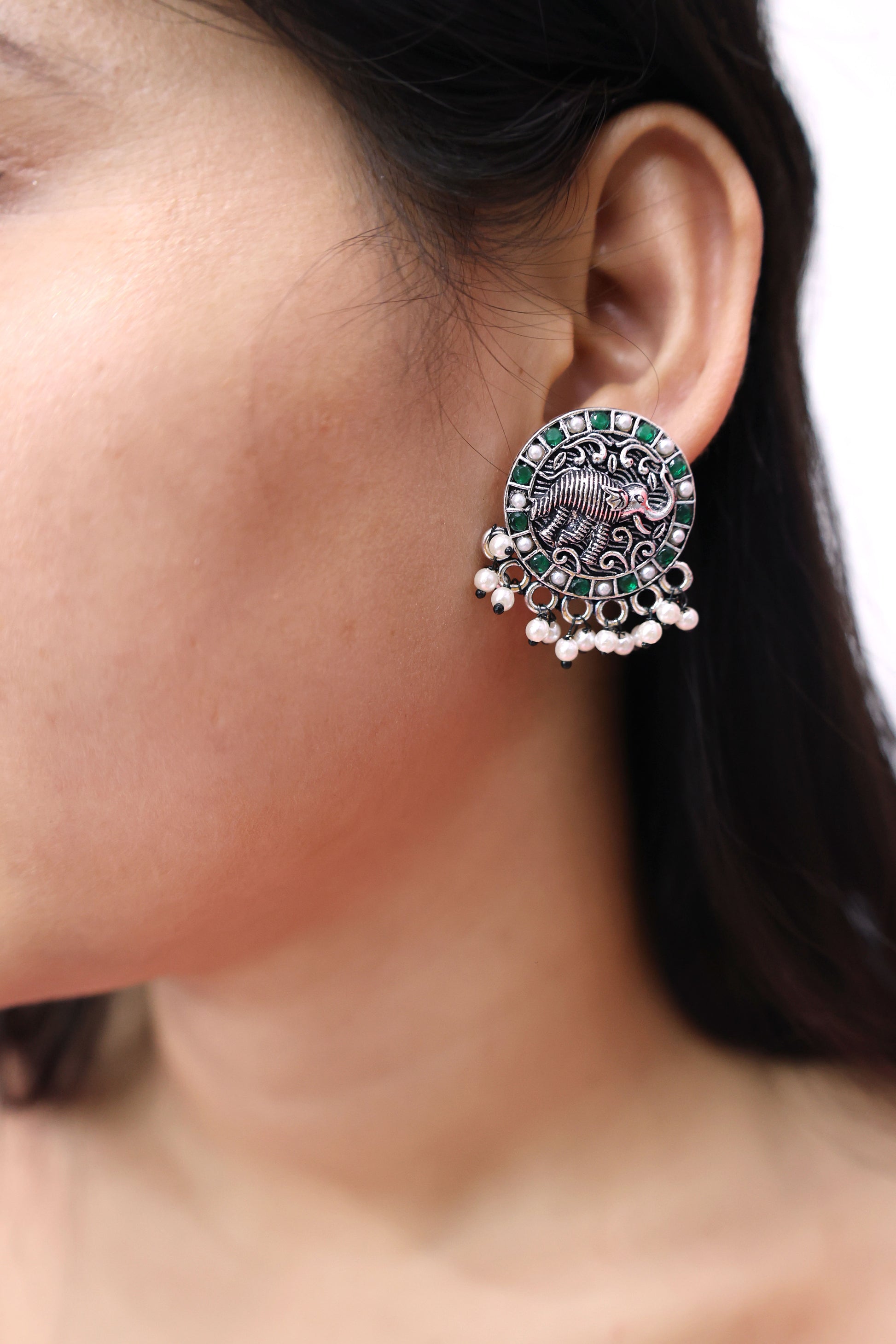Royal Elephant Oxidized Silver Stud Earrings - Mywishtree, Stud Earrings, Elephant design, Cheap earrings, artificial earrings, Green earrings, "imitation jewellery"
"fashion jewellery online"
"jewellery for women"
"artificial jewellery"
"cheap jewellery online"