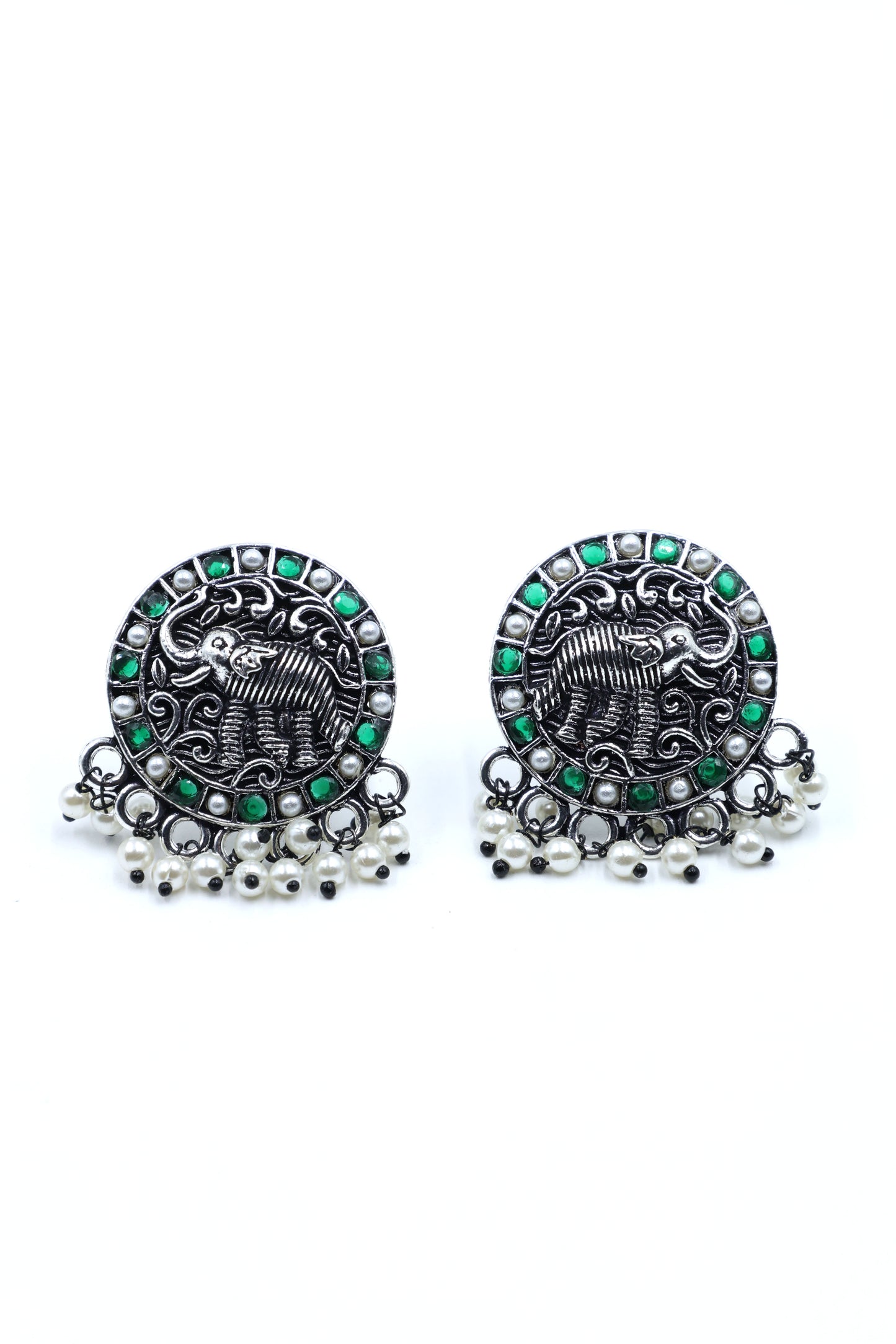 Royal Elephant Oxidized Silver Stud Earrings - Mywishtree, Stud Earrings, Elephant design, Cheap earrings, artificial earrings, Green earrings, "imitation jewellery"
"fashion jewellery online"
"jewellery for women"
"artificial jewellery"
"cheap jewellery online"