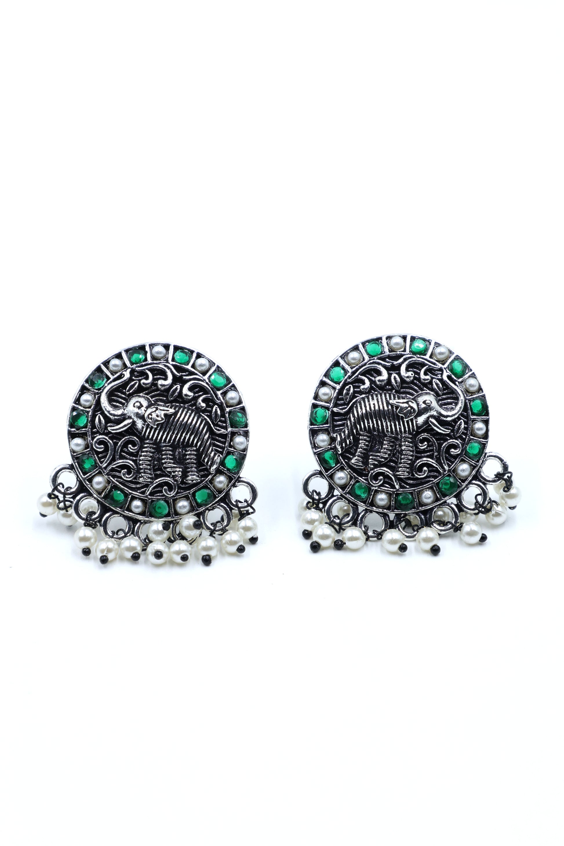 Royal Elephant Oxidized Silver Stud Earrings - Mywishtree, Stud Earrings, Elephant design, Cheap earrings, artificial earrings, Green earrings, "imitation jewellery"
"fashion jewellery online"
"jewellery for women"
"artificial jewellery"
"cheap jewellery online"