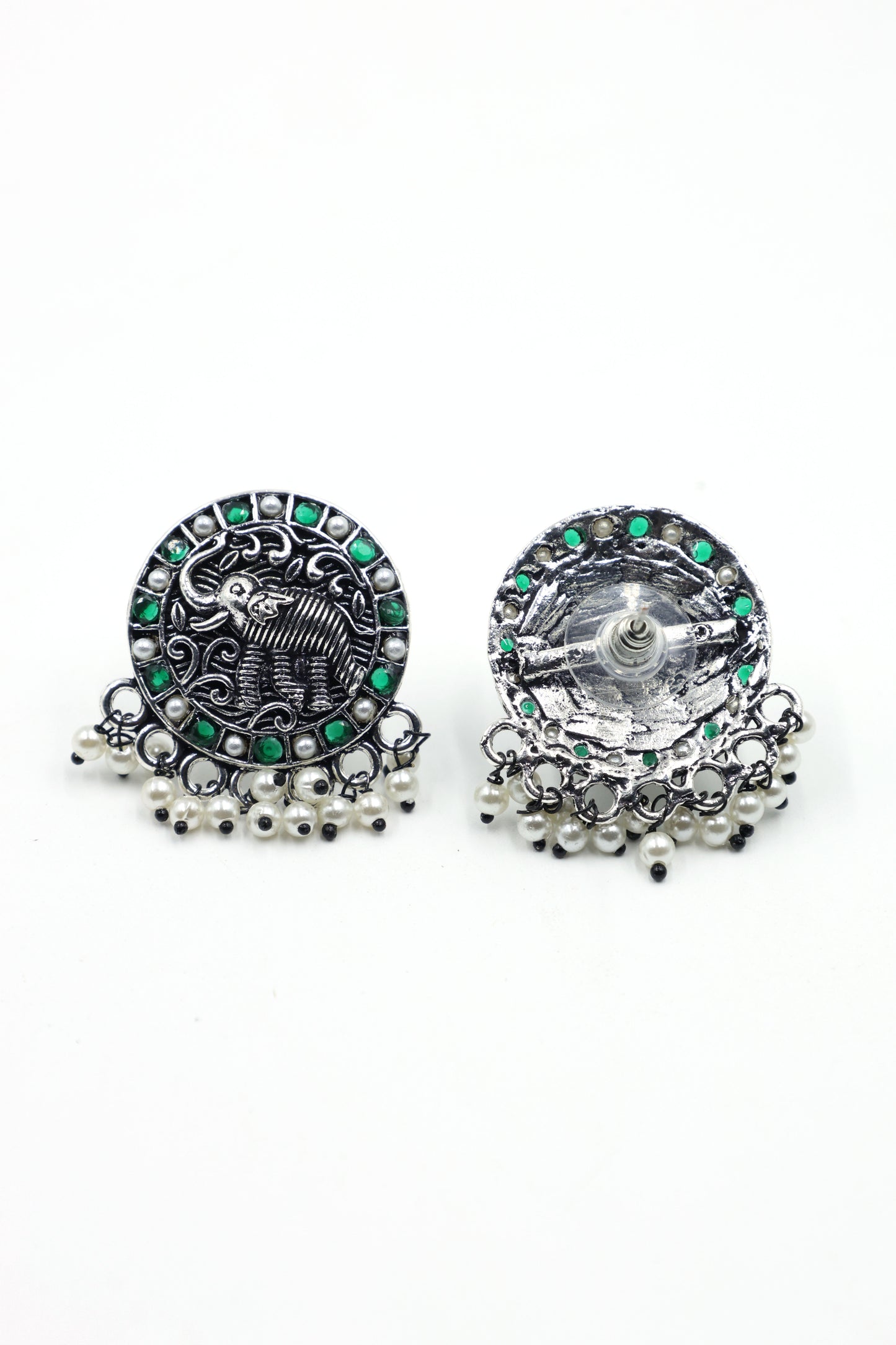 Royal Elephant Oxidized Silver Stud Earrings - Mywishtree, Stud Earrings, Elephant design, Cheap earrings, artificial earrings, Green earrings, "imitation jewellery"
"fashion jewellery online"
"jewellery for women"
"artificial jewellery"
"cheap jewellery online"