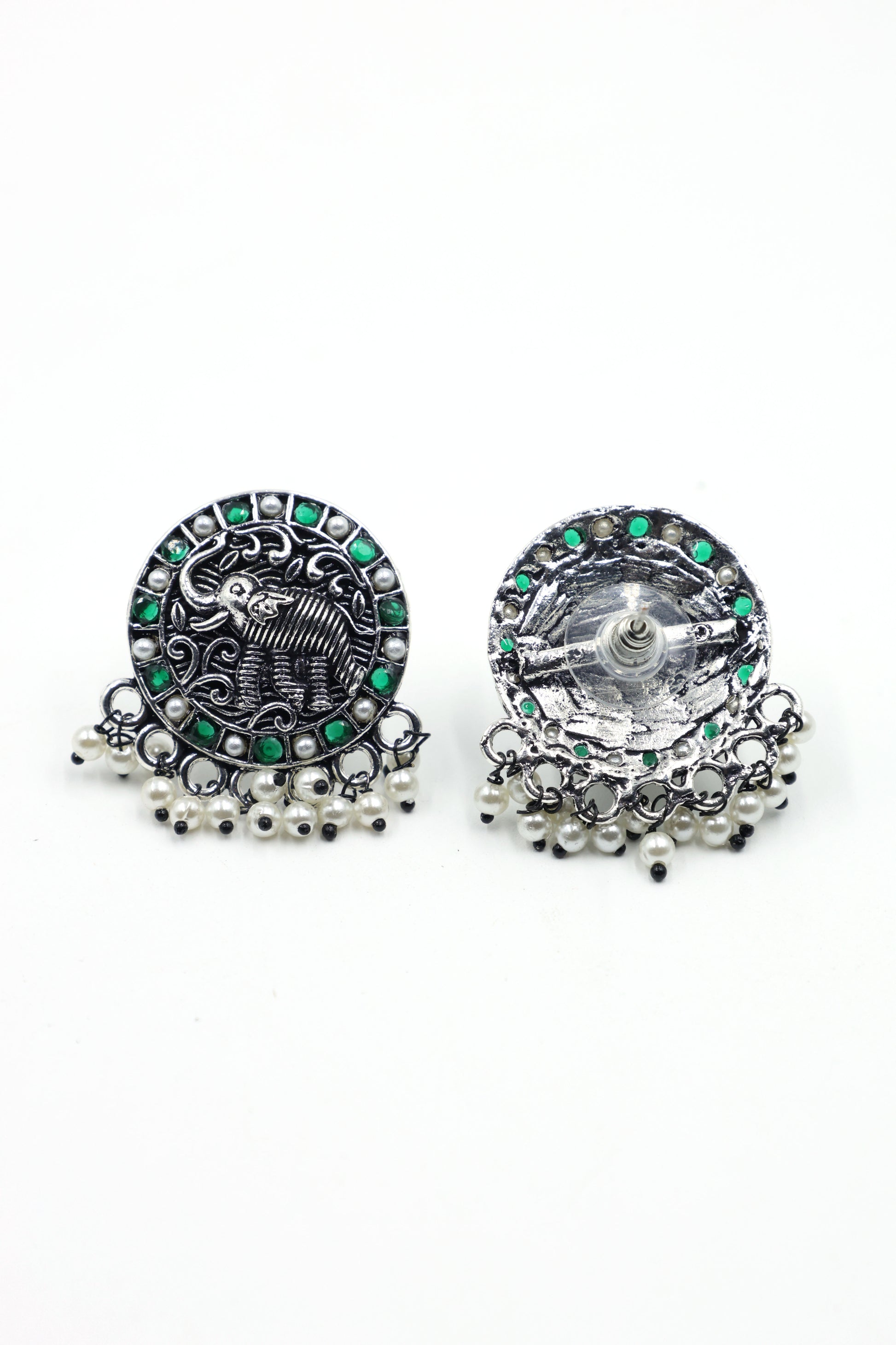 Royal Elephant Oxidized Silver Stud Earrings - Mywishtree, Stud Earrings, Elephant design, Cheap earrings, artificial earrings, Green earrings, "imitation jewellery"
"fashion jewellery online"
"jewellery for women"
"artificial jewellery"
"cheap jewellery online"