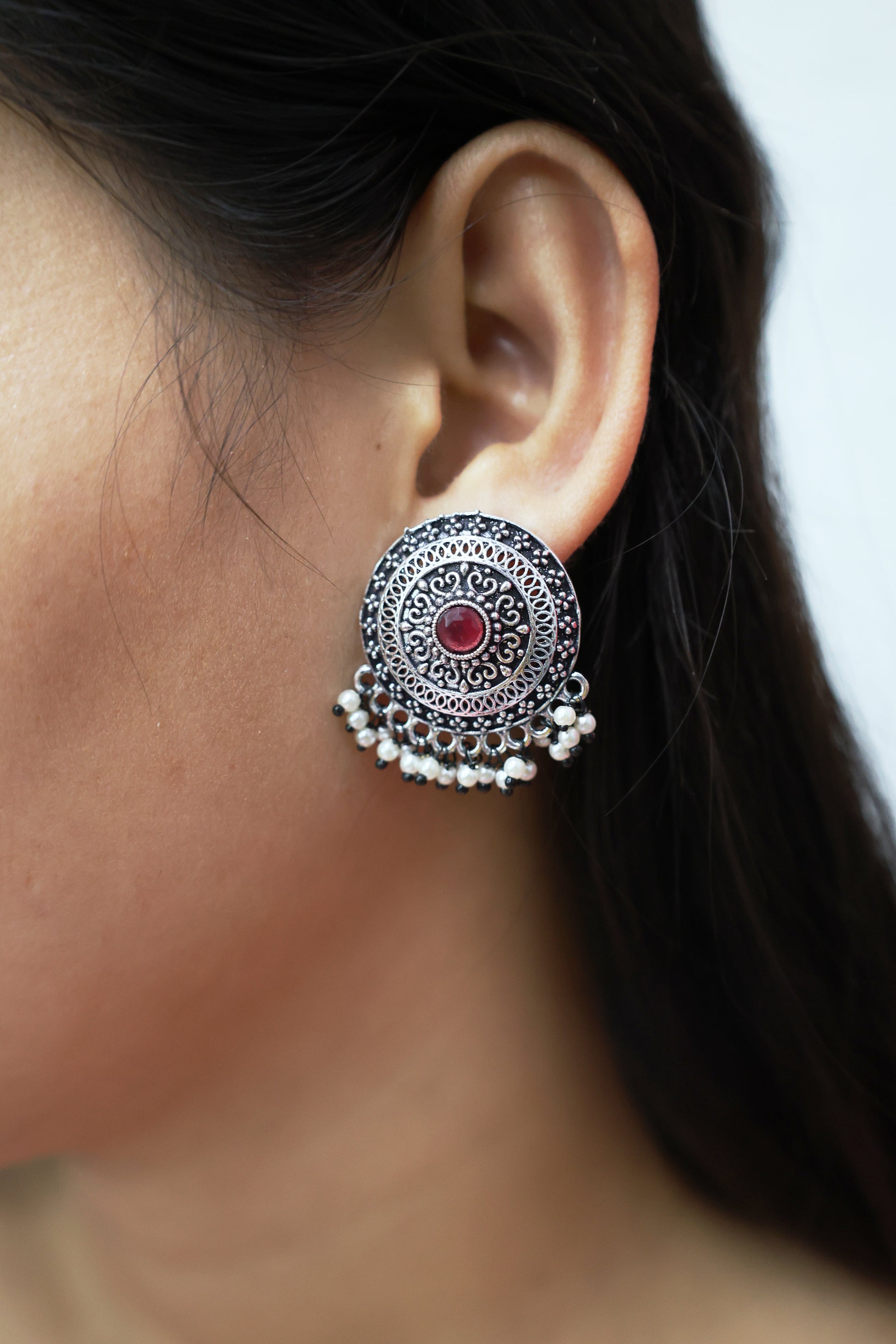 Vintage  Pearl Stud Earrings with Oxidised Plating - Mywishtree