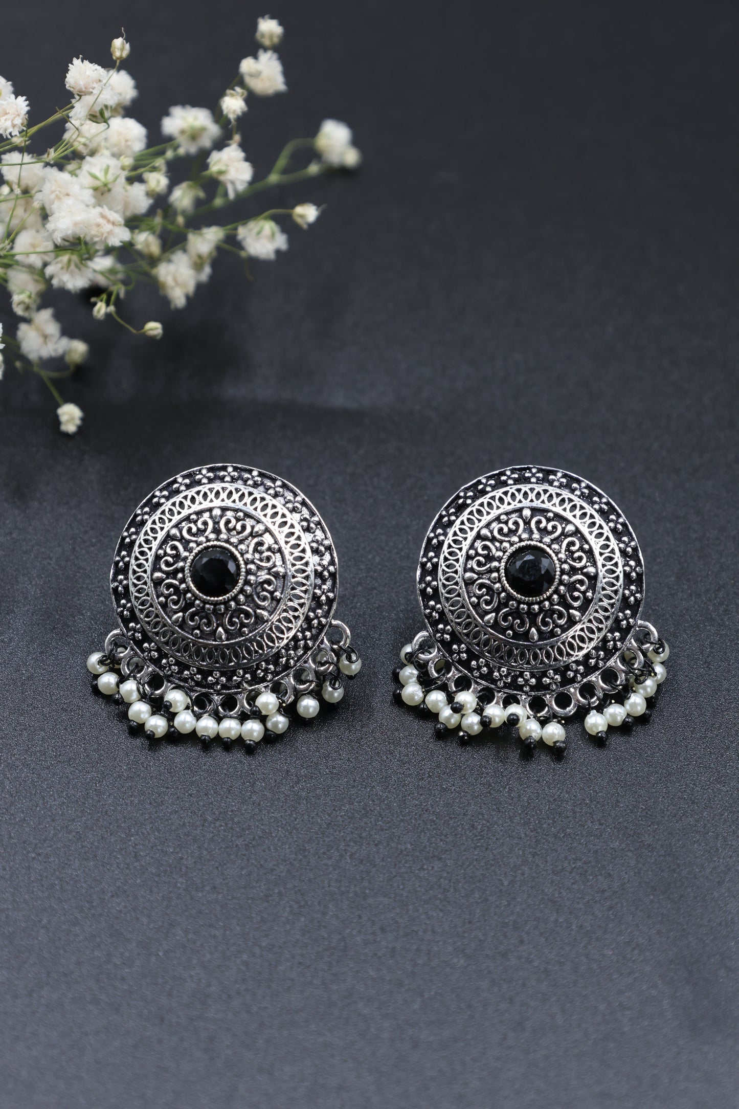 Vintage  Pearl Stud Earrings with Oxidised Plating - Mywishtree