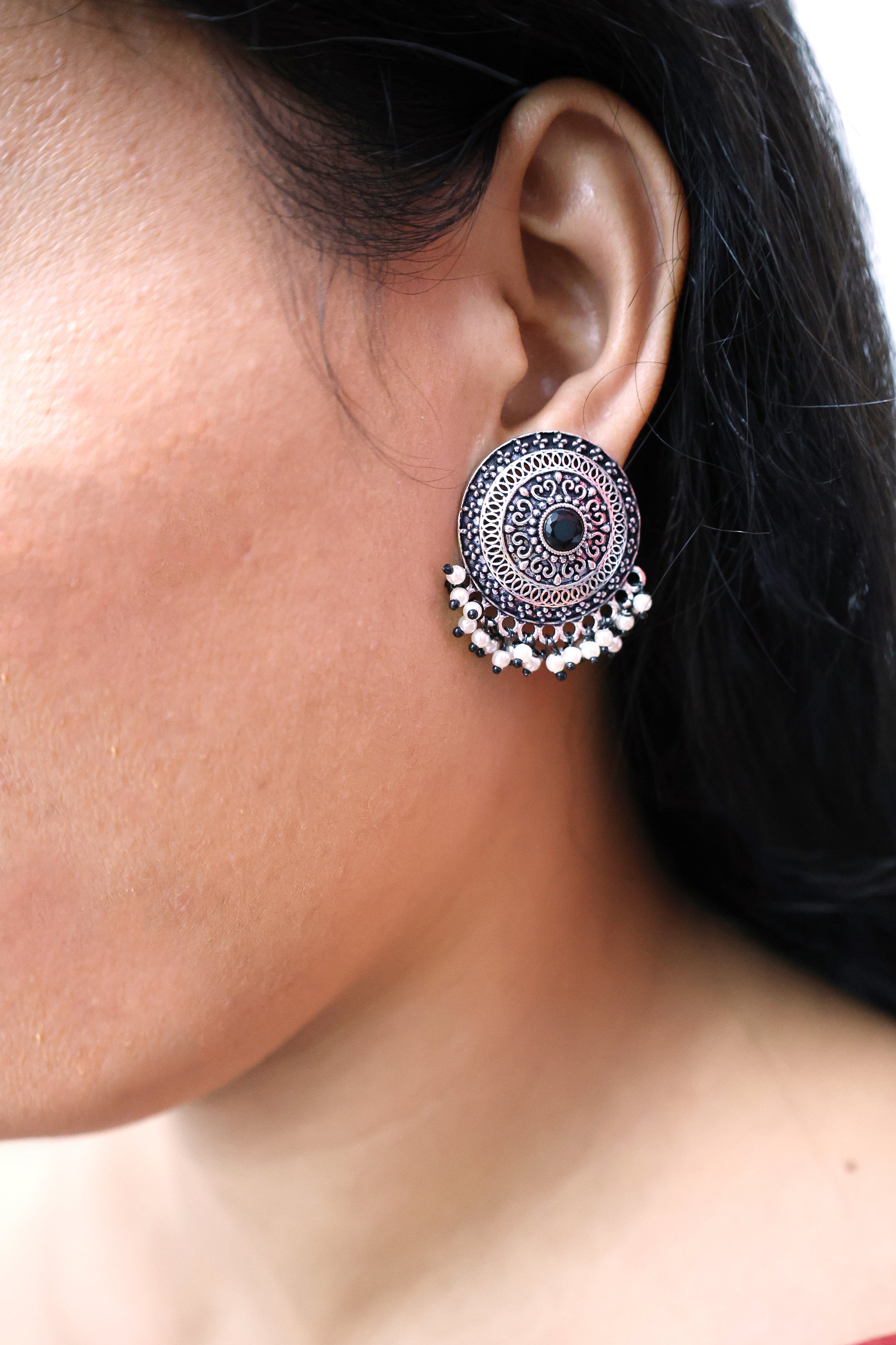 Vintage  Pearl Stud Earrings with Oxidised Plating - Mywishtree