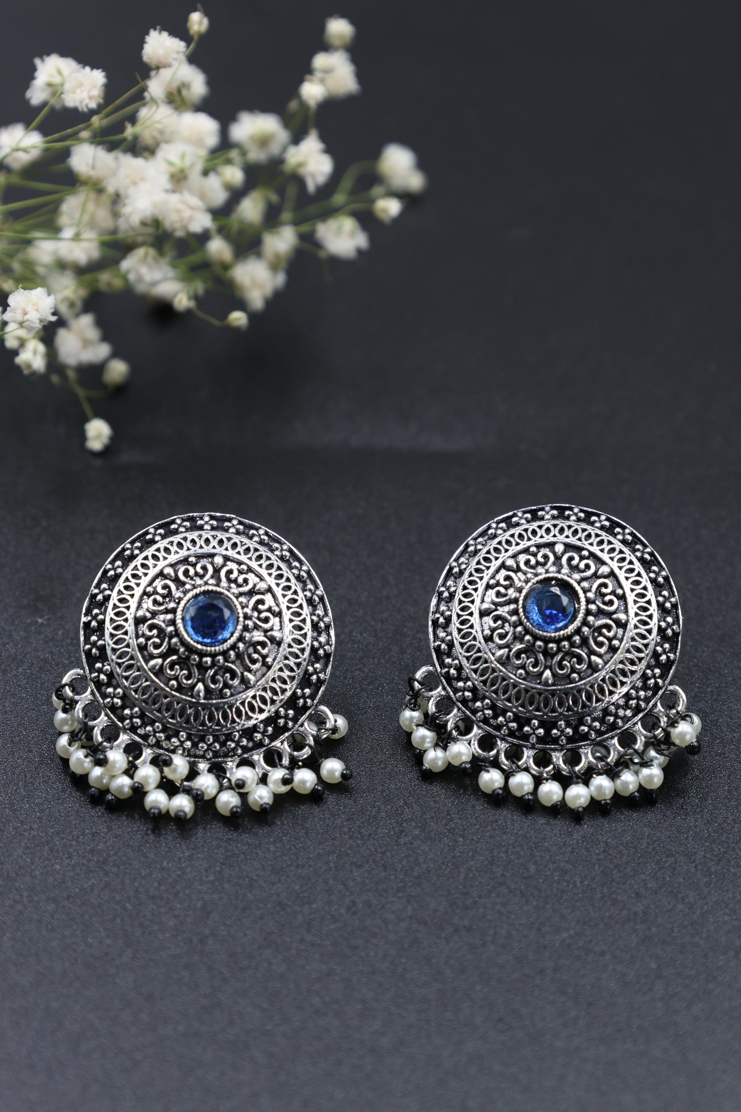 Vintage  Pearl Stud Earrings with Oxidised Plating - Mywishtree