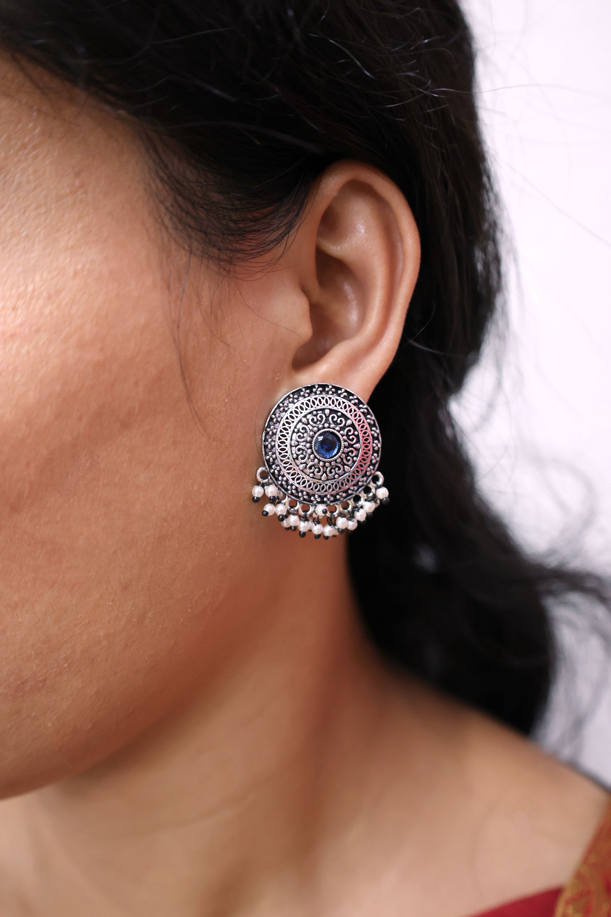 Vintage  Pearl Stud Earrings with Oxidised Plating - Mywishtree