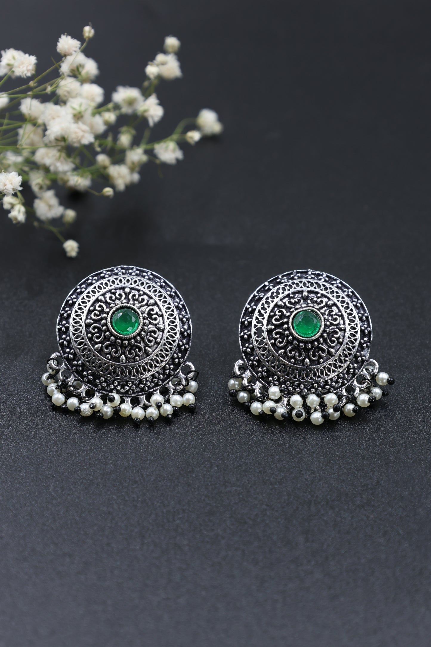 Vintage  Pearl Stud Earrings with Oxidised Plating - Mywishtree