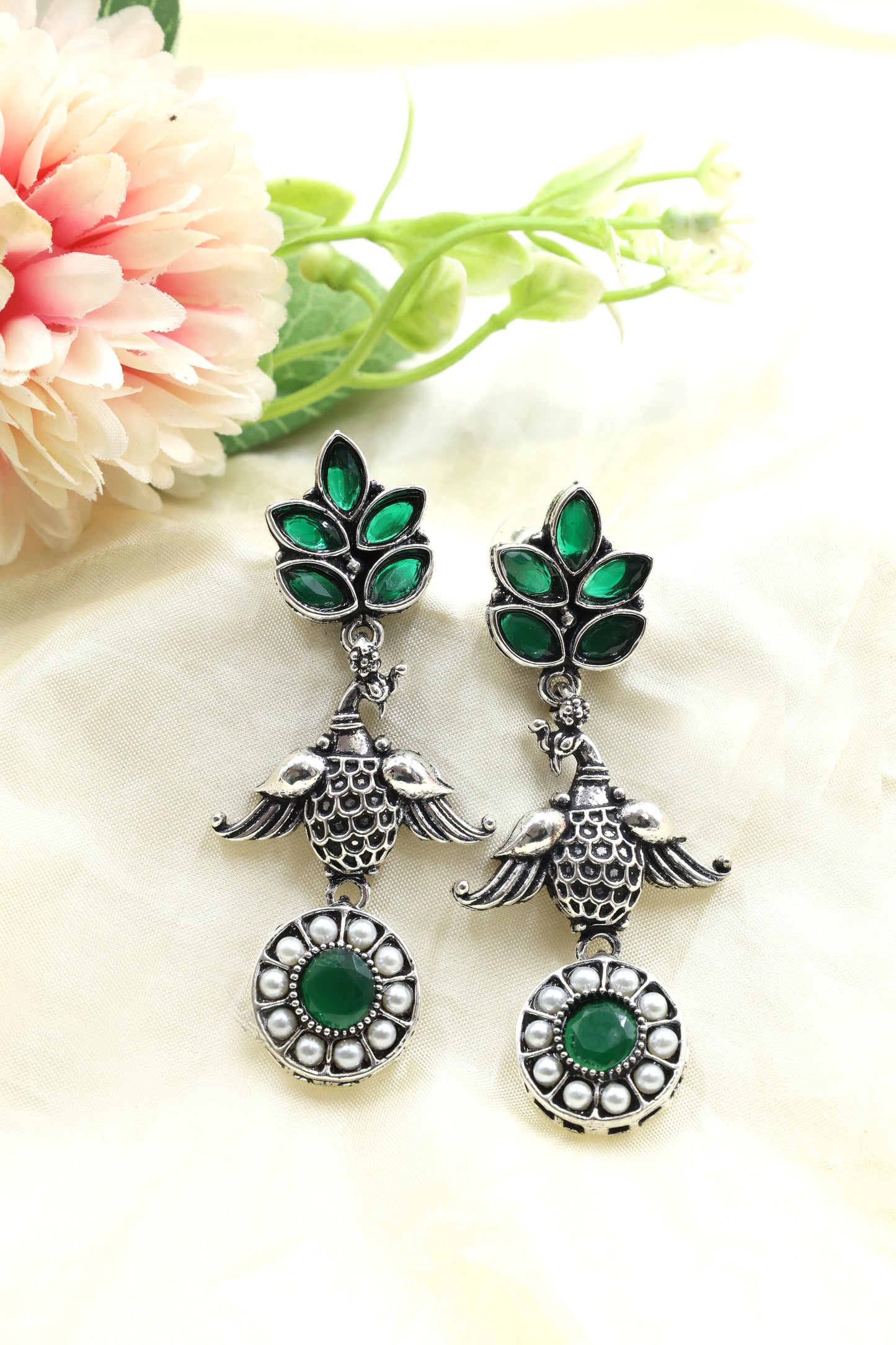 Oxidized Silver Peacock Drop Earrings - Mywishtree