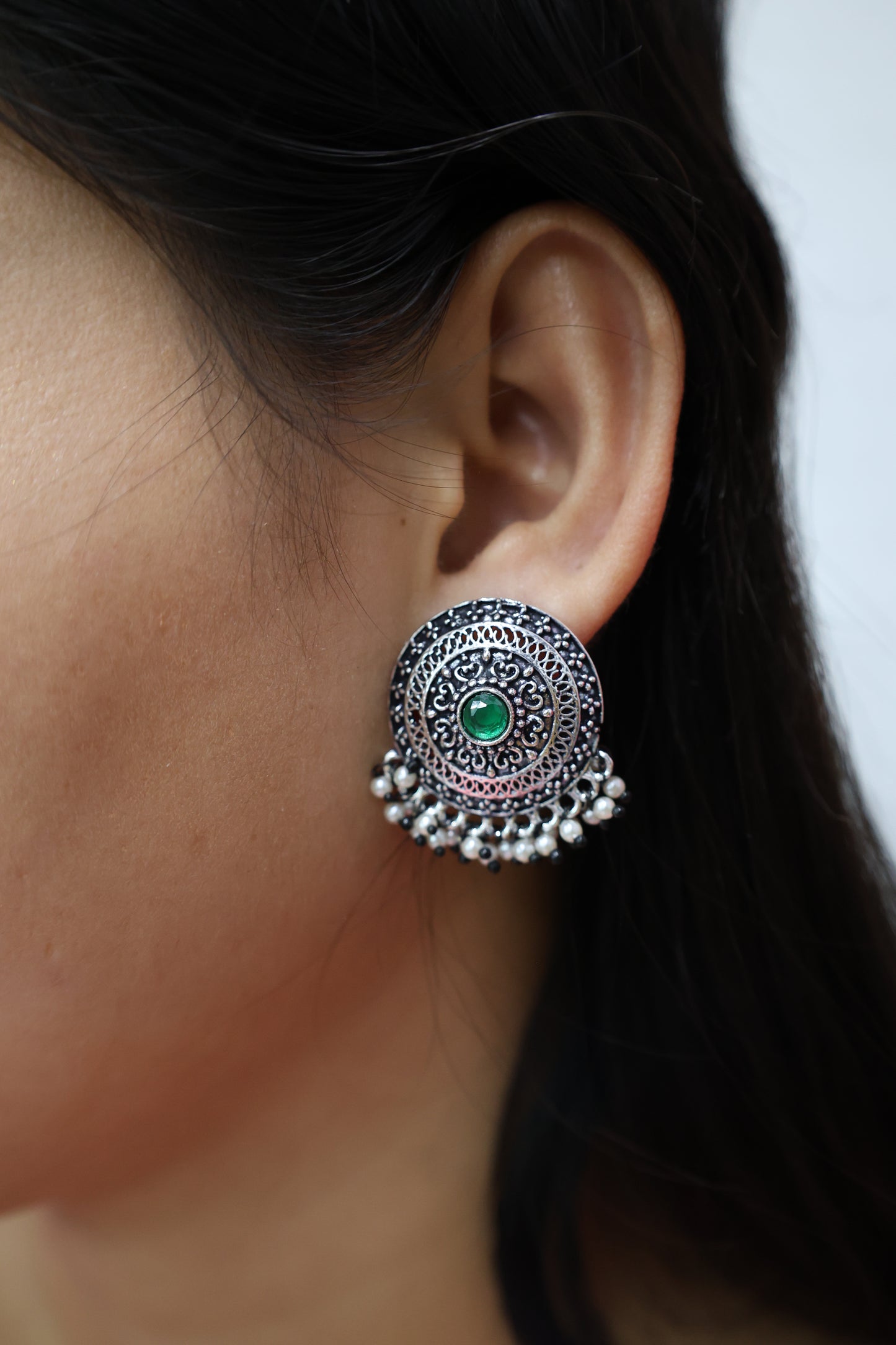 Vintage  Pearl Stud Earrings with Oxidised Plating - Mywishtree