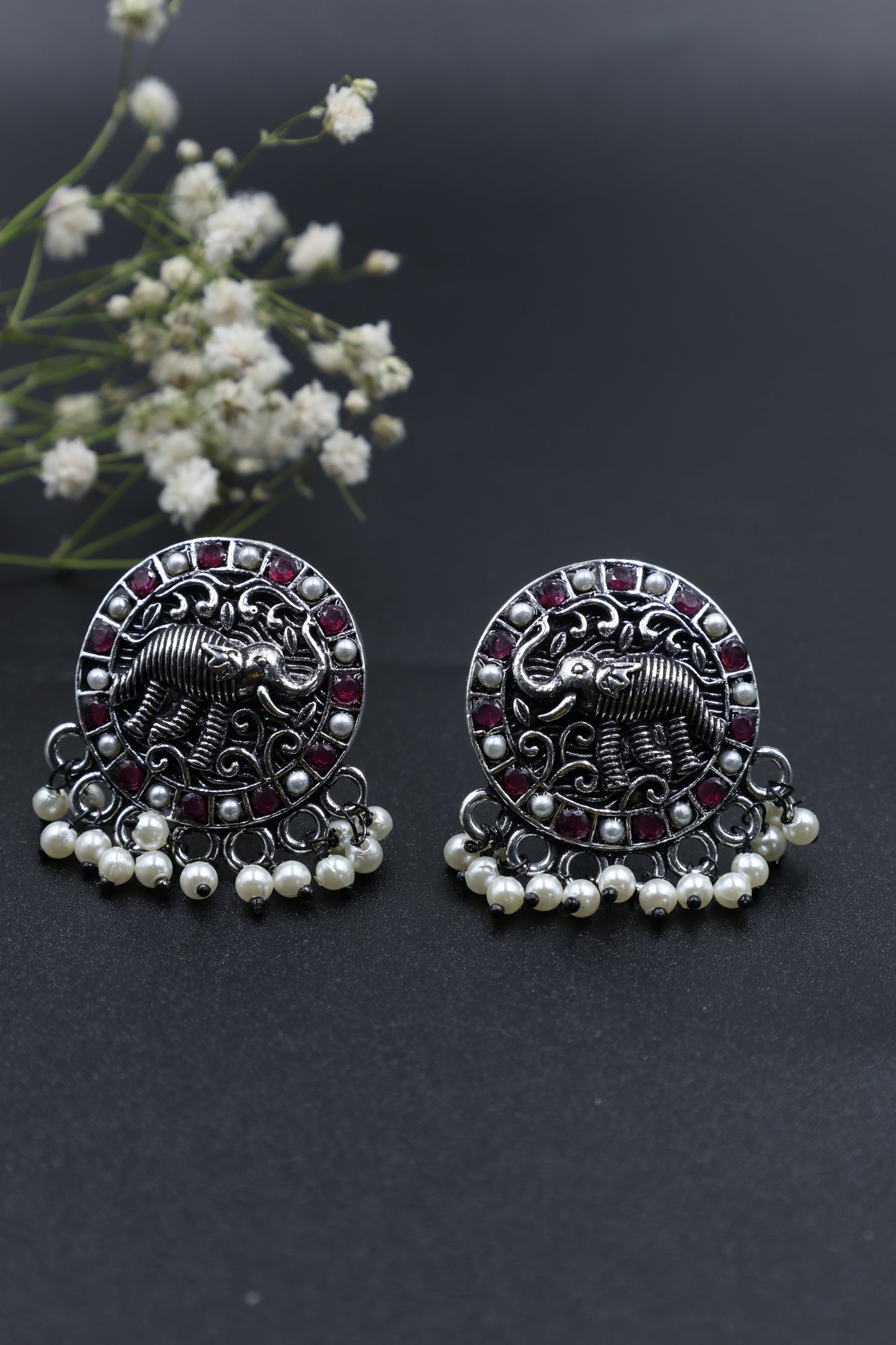 Royal Elephant Oxidized Silver Stud Earrings - Mywishtree, Stud Earrings, Elephant design, Cheap earrings, artificial earrings, Red earrings, "imitation jewellery"
"fashion jewellery online"
"jewellery for women"
"artificial jewellery"
"cheap jewellery online"