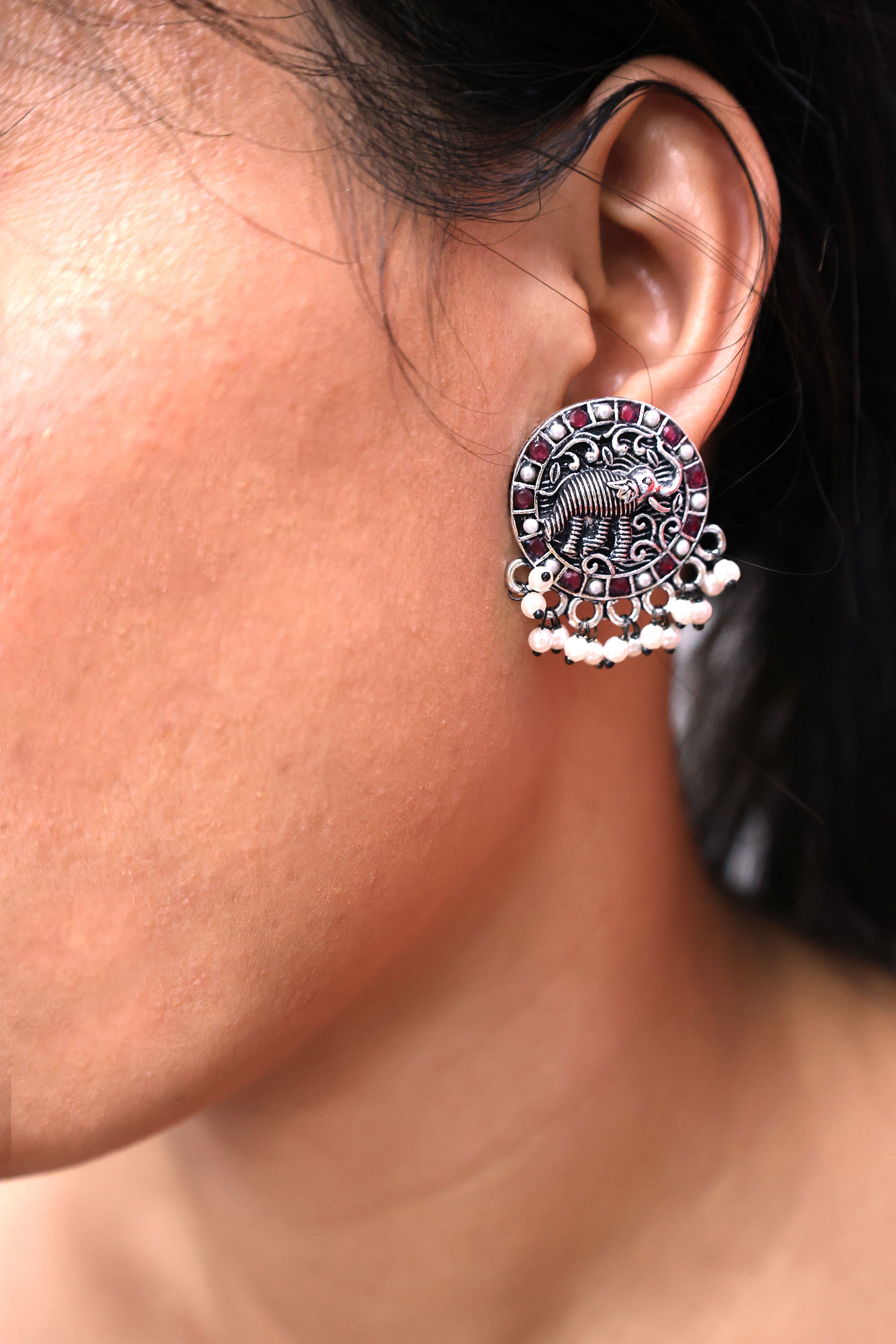 Royal Elephant Oxidized Silver Stud Earrings - Mywishtree, Stud Earrings, Elephant design, Cheap earrings, artificial earrings, Red earrings, "imitation jewellery"
"fashion jewellery online"
"jewellery for women"
"artificial jewellery"
"cheap jewellery online"