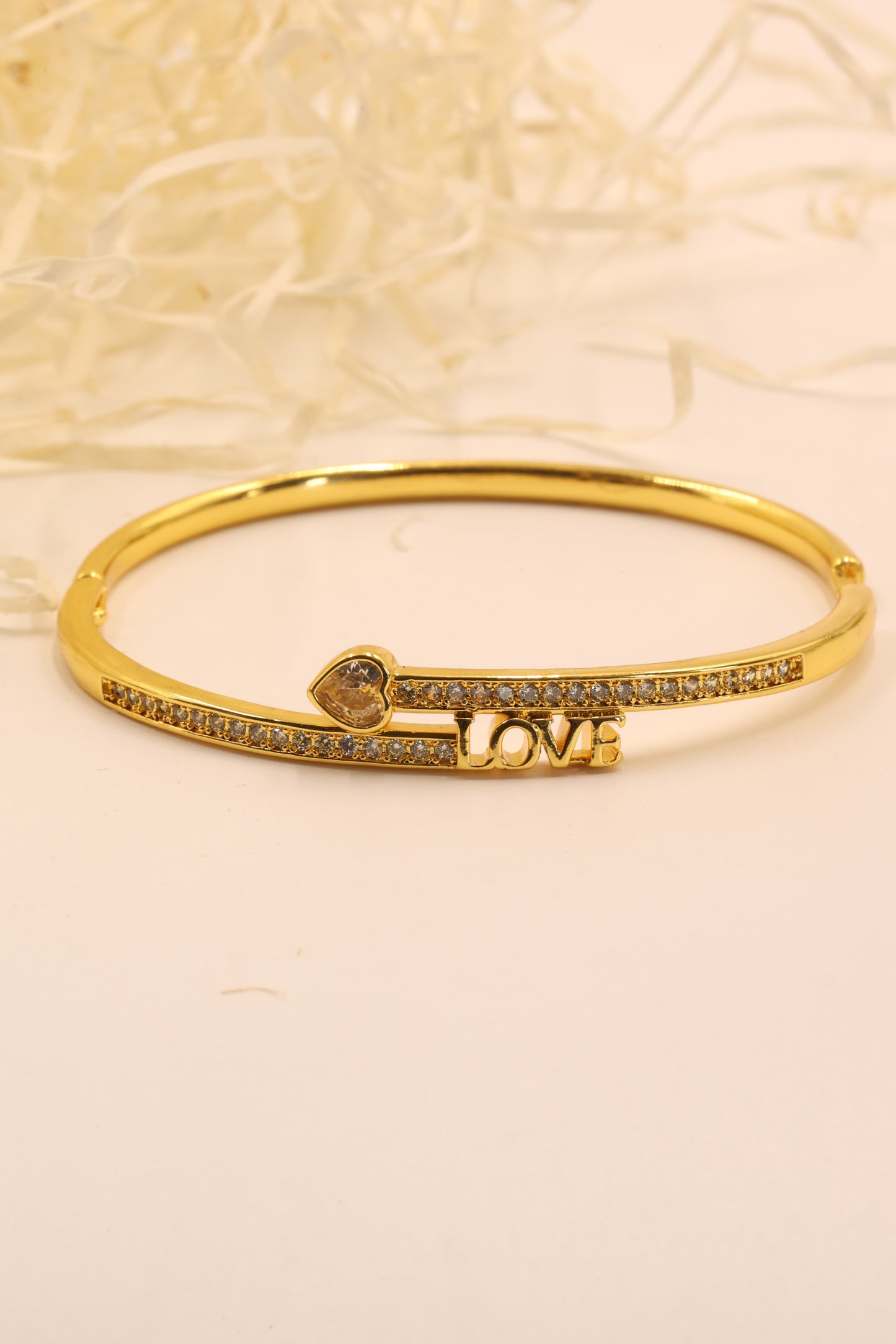Eternal Love CZ-Studded Gold Bangle with Heart Charm