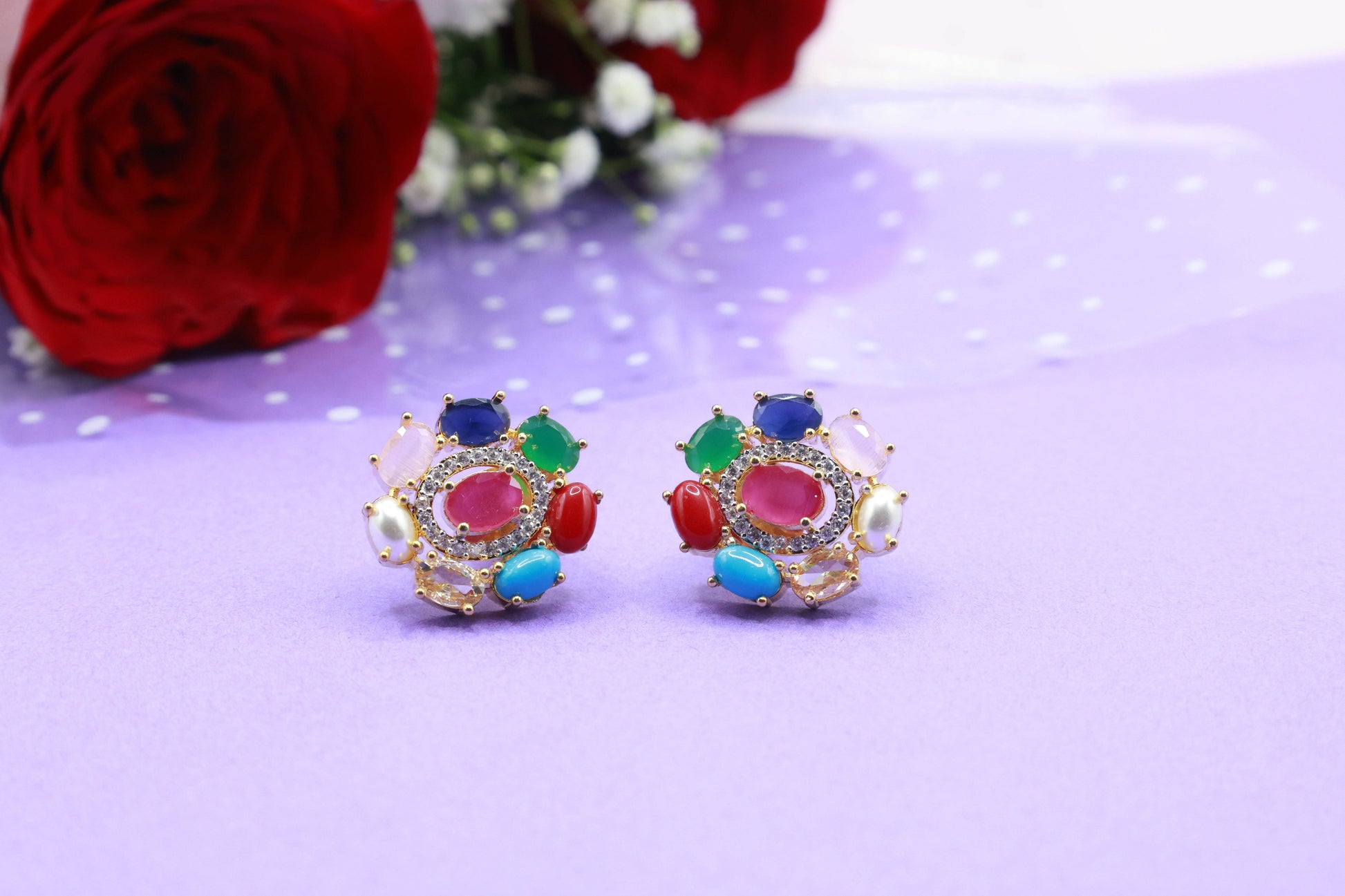Stunning Navaratna Stone Earring - Mywishtree, cheap jewelry near me, multi stone earrings, gold earrings for women