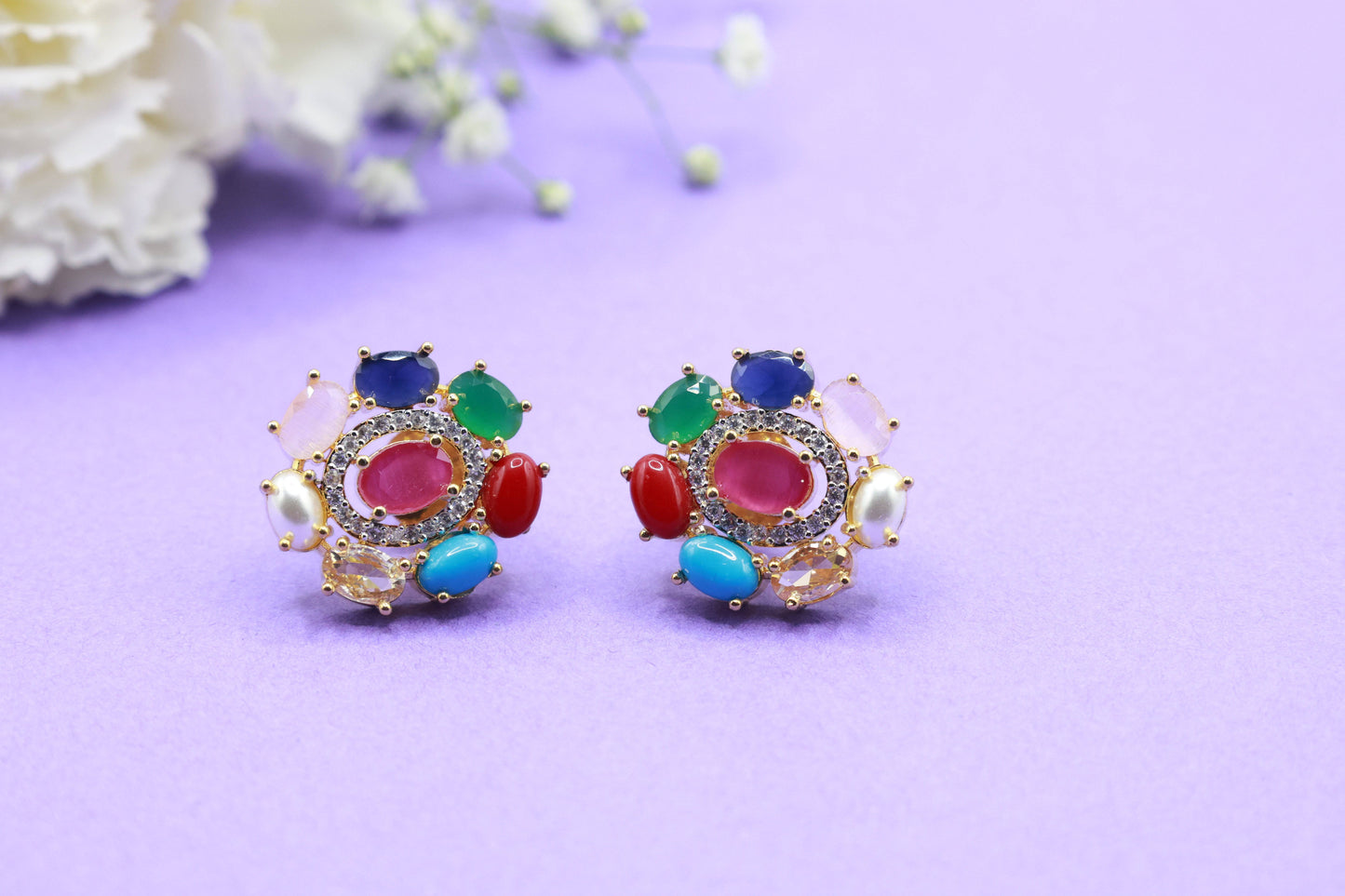 Stunning Navaratna Stone Earring - Mywishtree, cheap jewelry near me, multi stone earrings, gold earrings for women