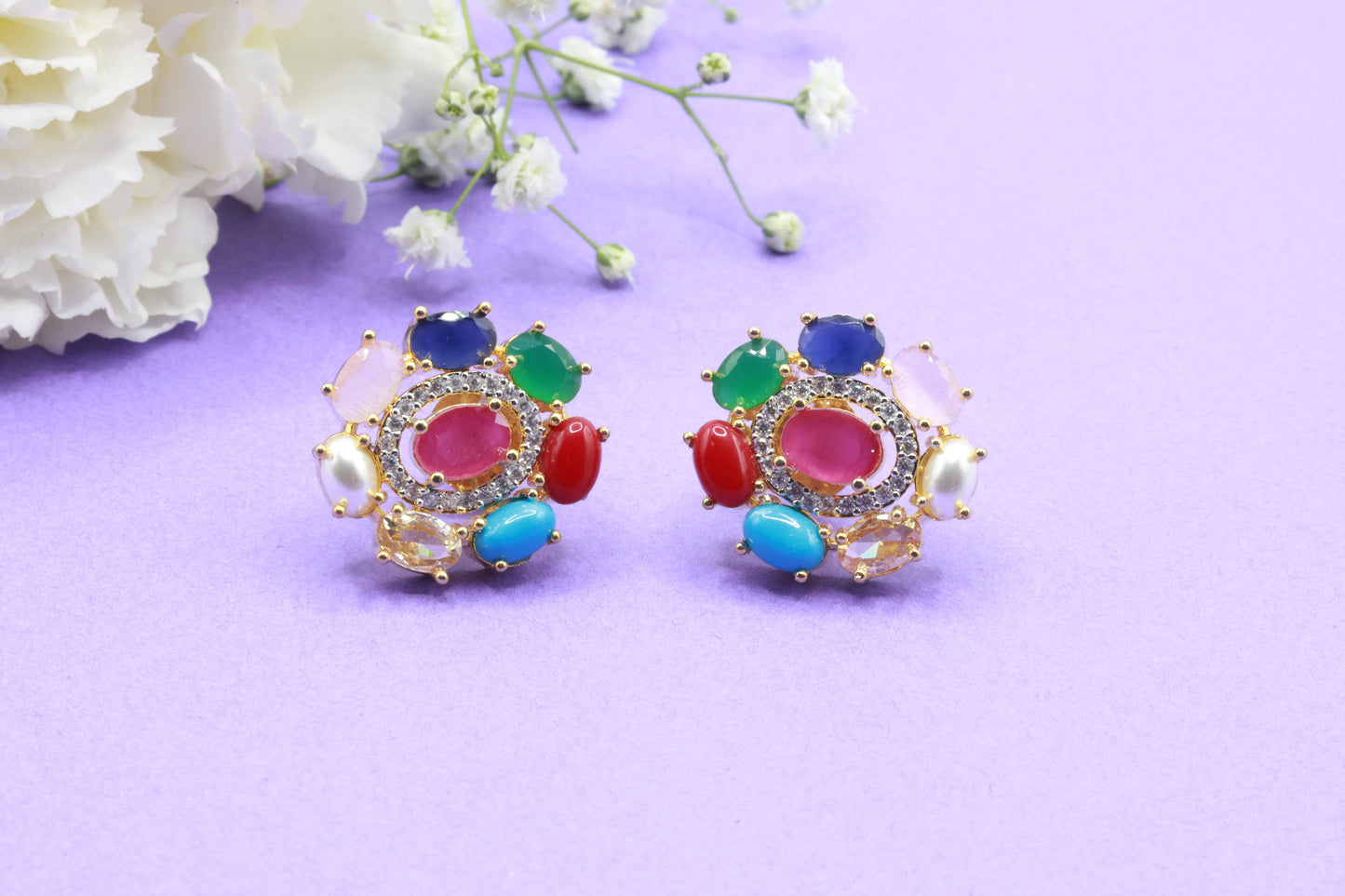 Stunning Navaratna Stone Earring - Mywishtree, cheap jewelry near me, multi stone earrings, gold earrings for women