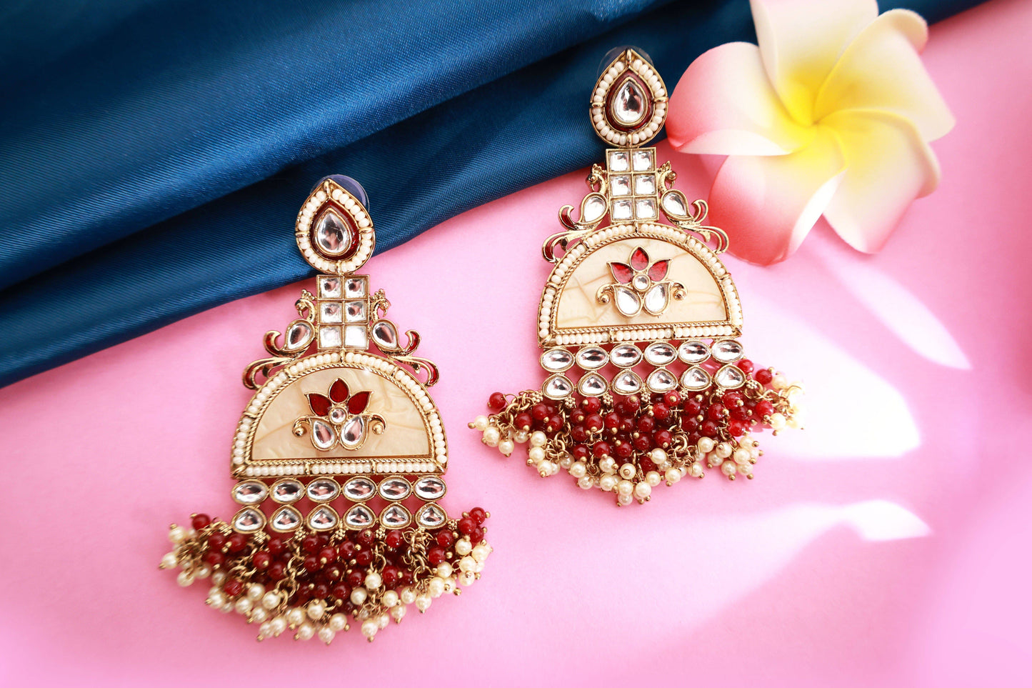 Kundan beaded Chandbali earring with pearl droplets - Mywishtree