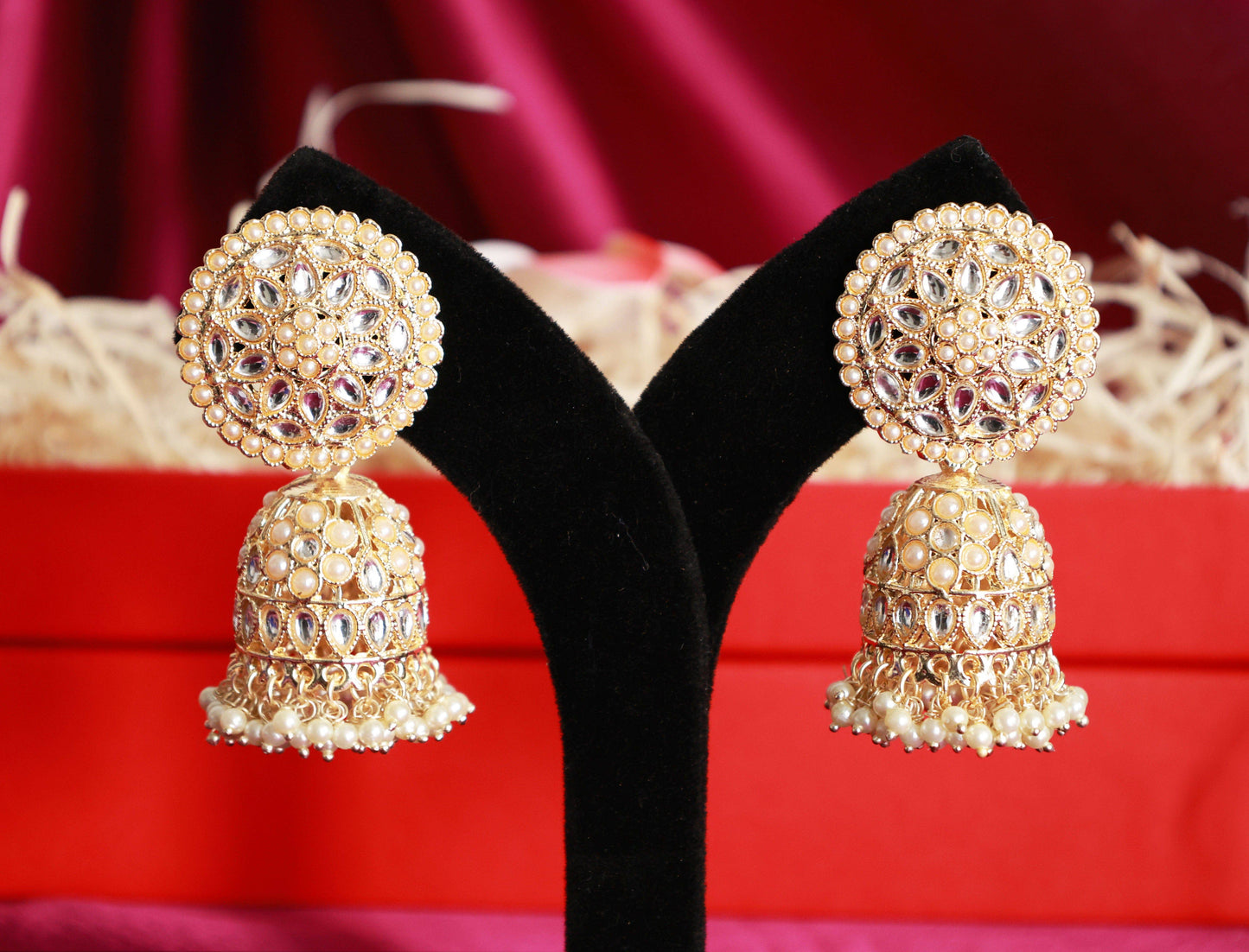 Pearl Bloom Jhumkas with kundan stones - Mywishtree
