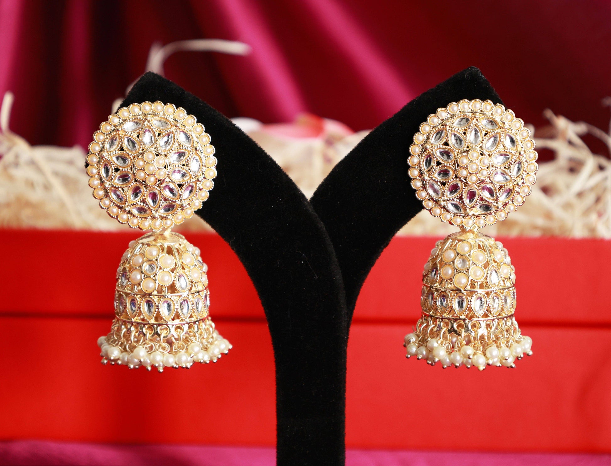 Pearl Bloom Jhumkas with kundan stones - Mywishtree
