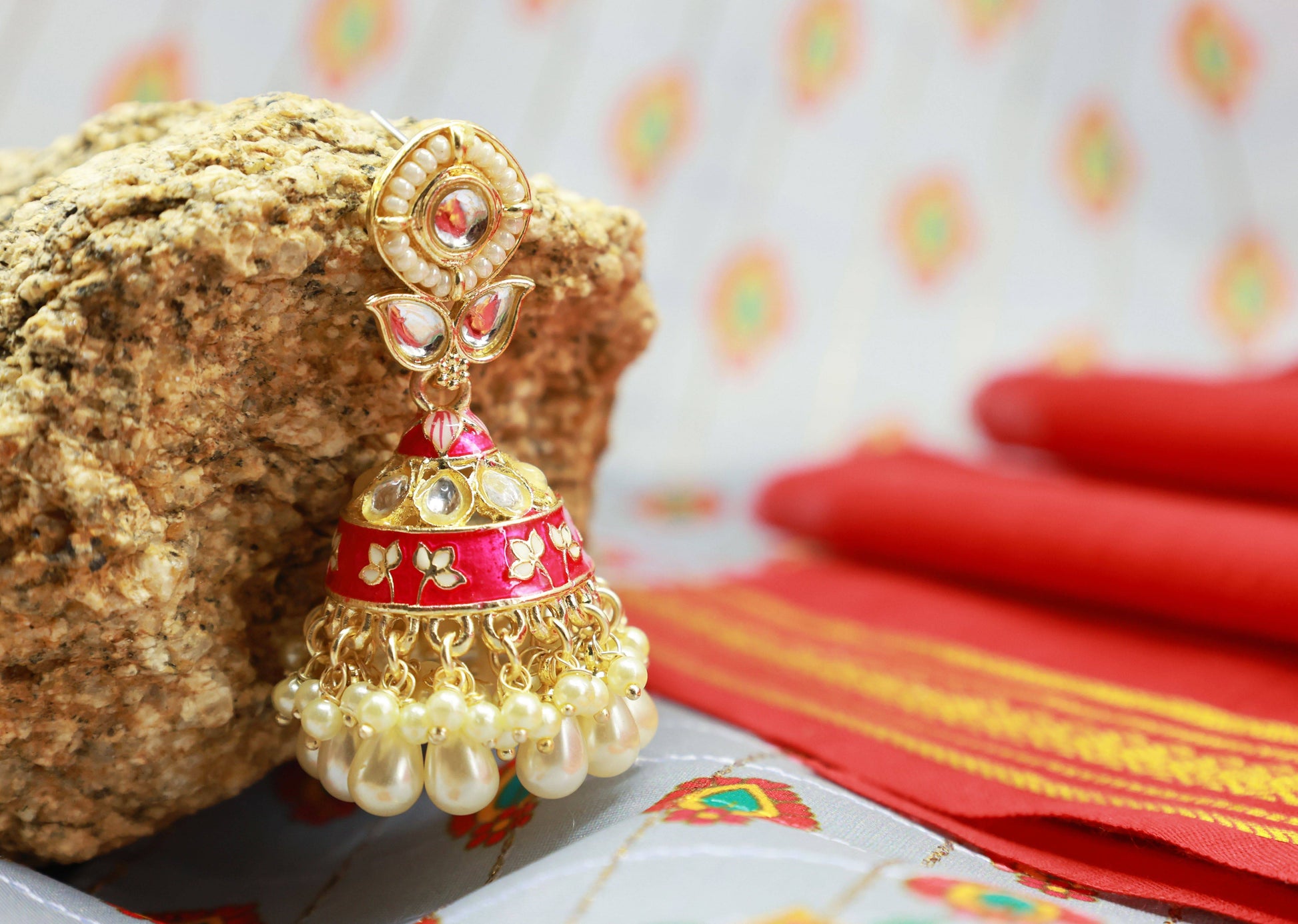 Pink Meenakari with Kundan and Pearl Jhumka - Mywishtree