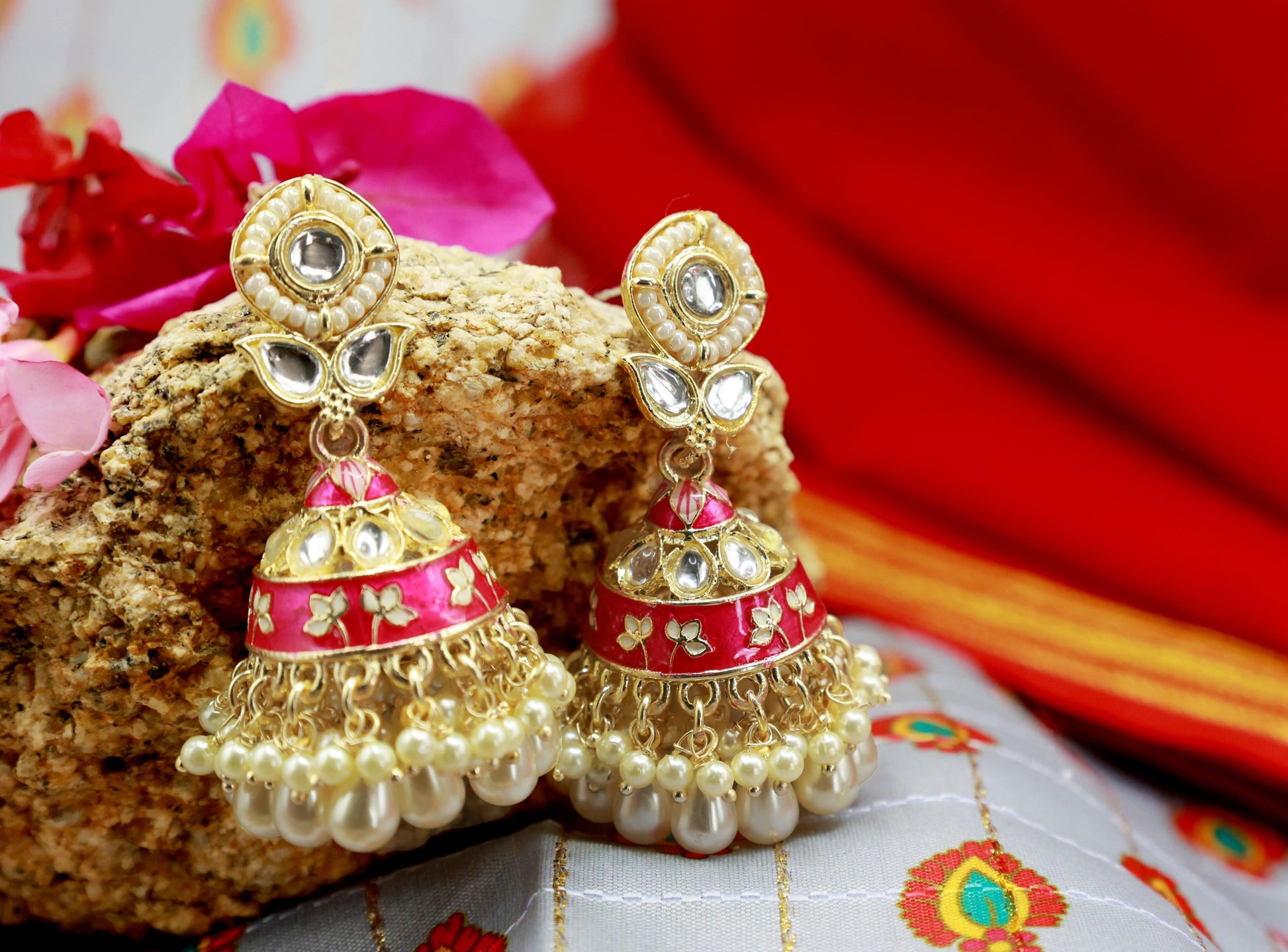 Pink Meenakari with Kundan and Pearl Jhumka - Mywishtree