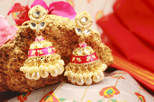 Pink Meenakari with Kundan and Pearl Jhumka - Mywishtree