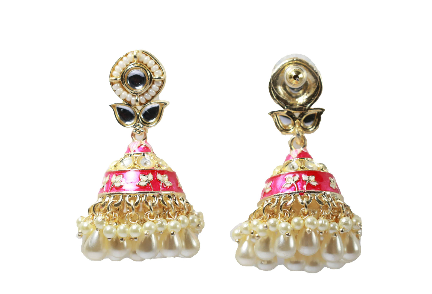 Pink Meenakari with Kundan and Pearl Jhumka - Mywishtree